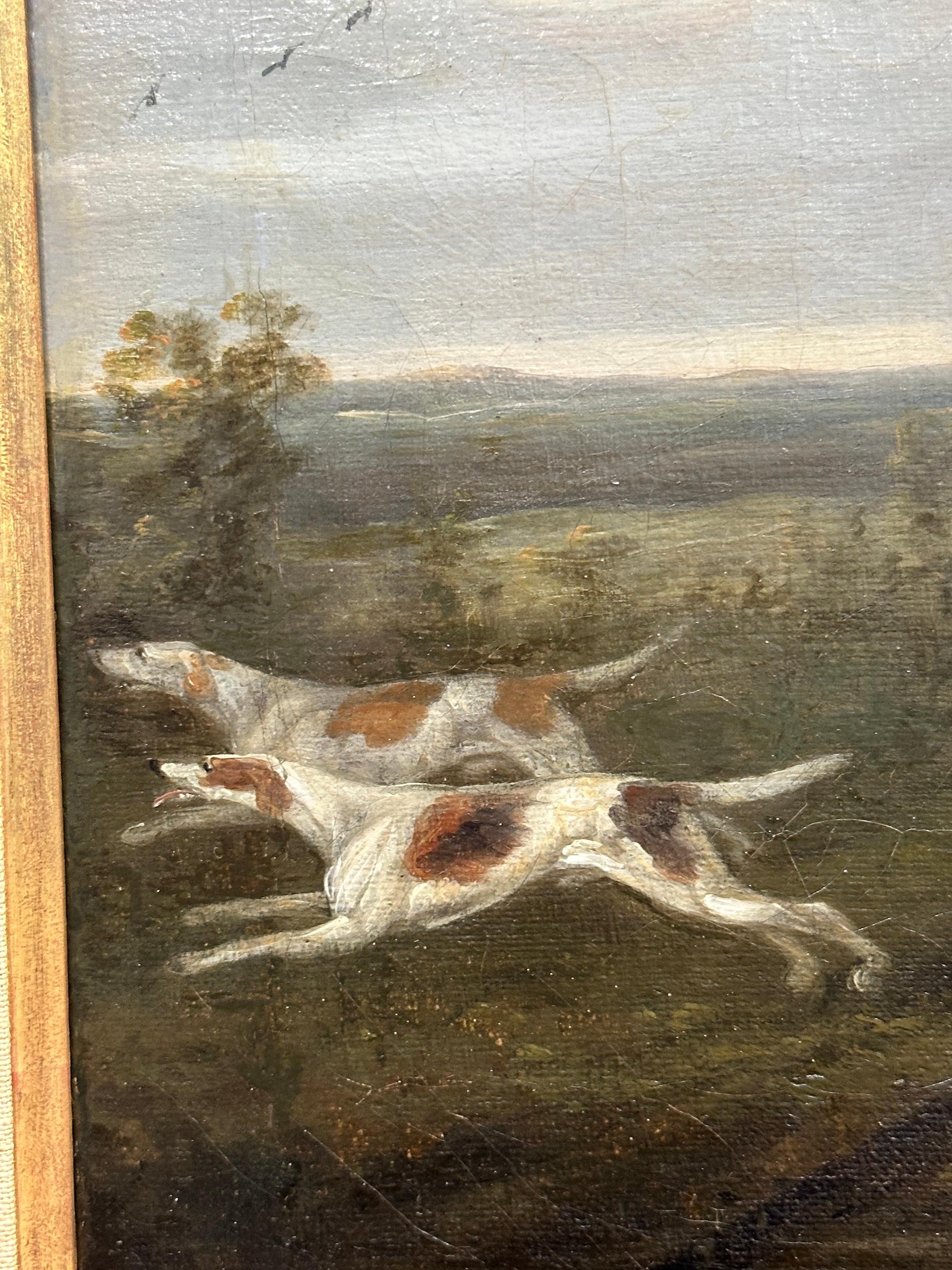 English 19th century Fox hunter with hounds, hunter and rider in a landscape For Sale 4