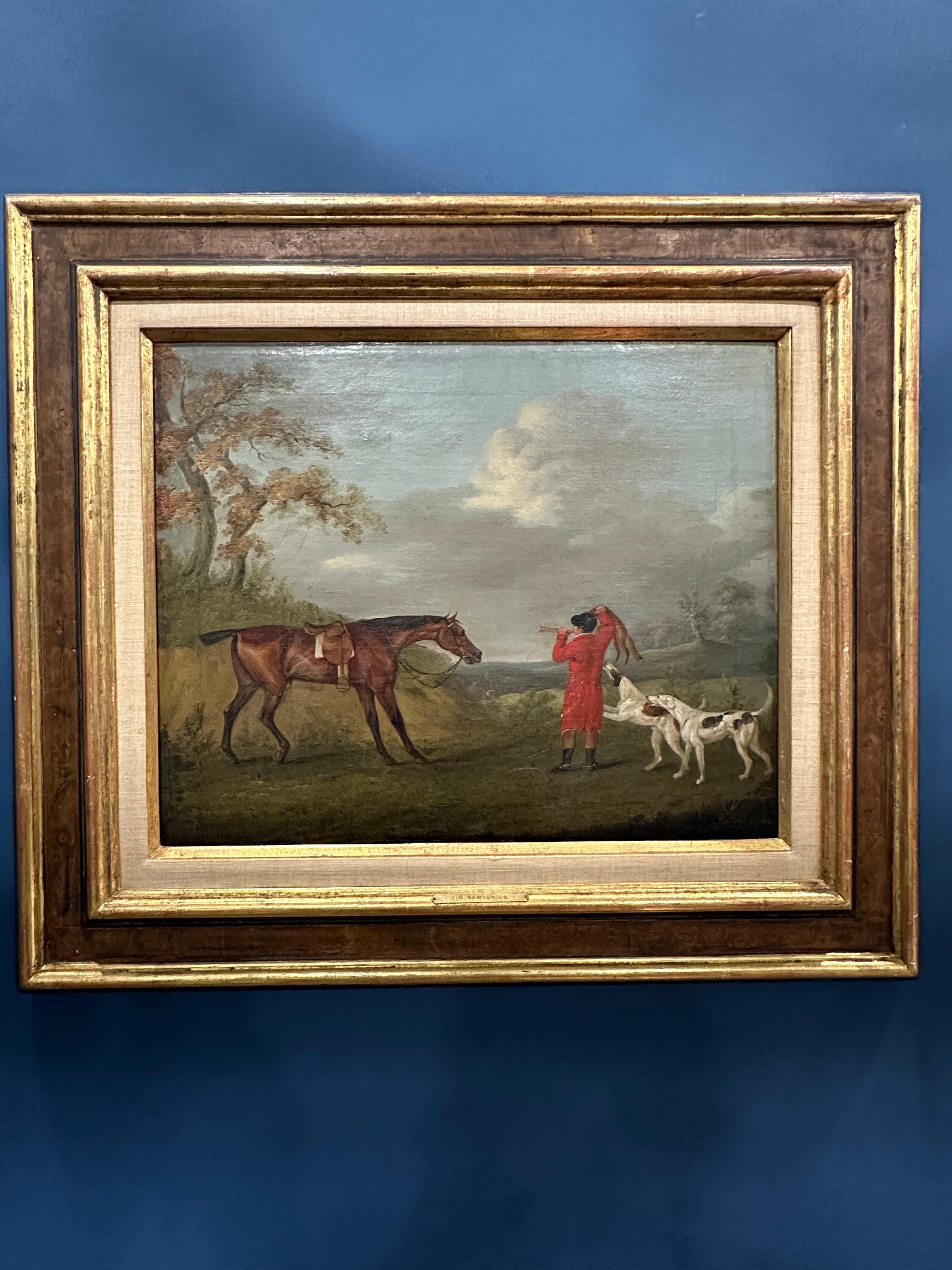 John Nost Sartorius Landscape Painting - English 19th century Fox hunter with hounds, hunter and rider in a landscape