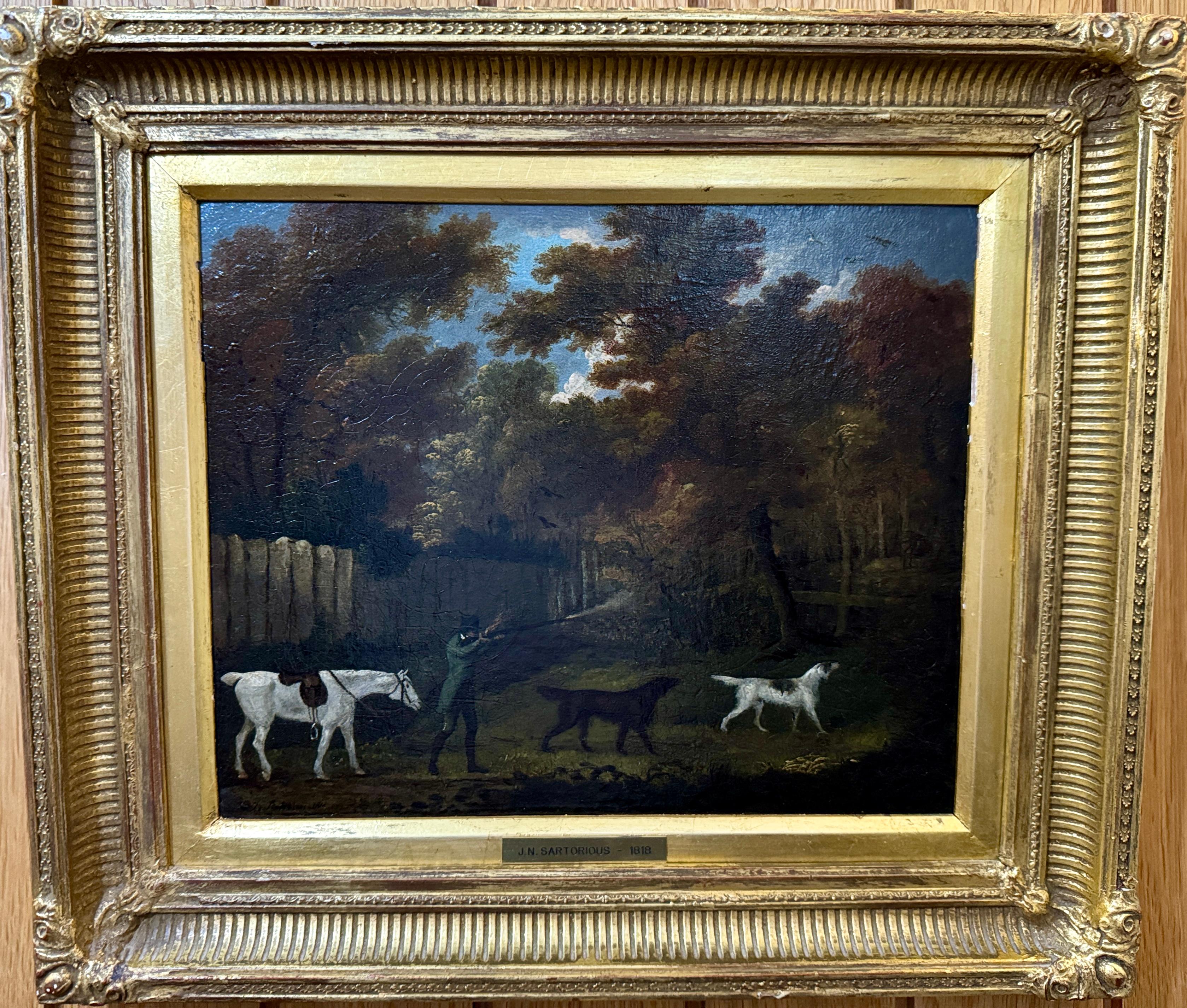Landscape Painting de John Nost Sartorius - English 19th century men bird shooting in a landscape, with dogs and horse