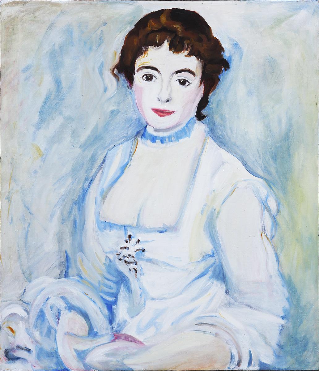 Portrait d'une femme portant une robe victorienne aux tons bleus doux « Over and Under »