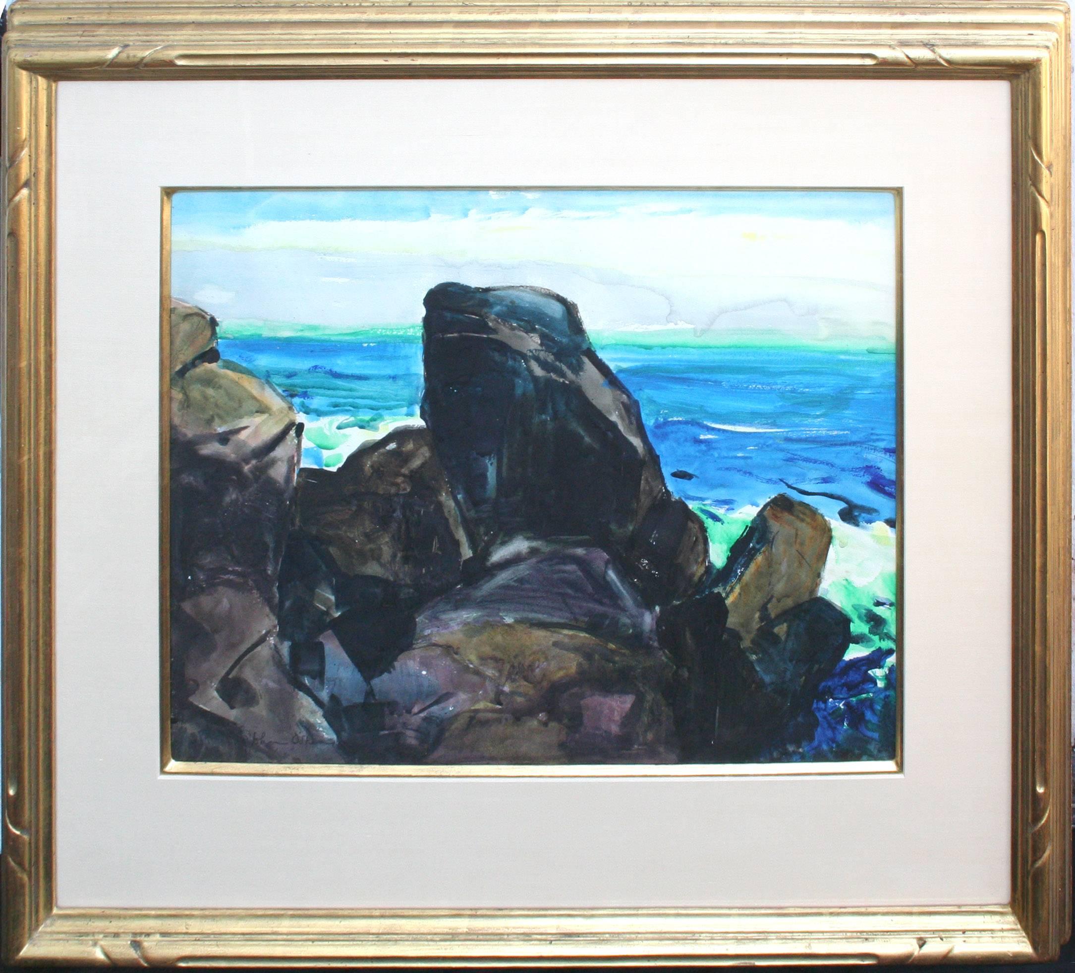 Maravilloso paisaje marino en acuarela de mediados de siglo de la costa de Carmel, obra del artista californiano John O'Shea (estadounidense, 1876-1956), c.1940. Firmado "John O'Shea" en la esquina inferior izquierda. Etiqueta de exposición en el