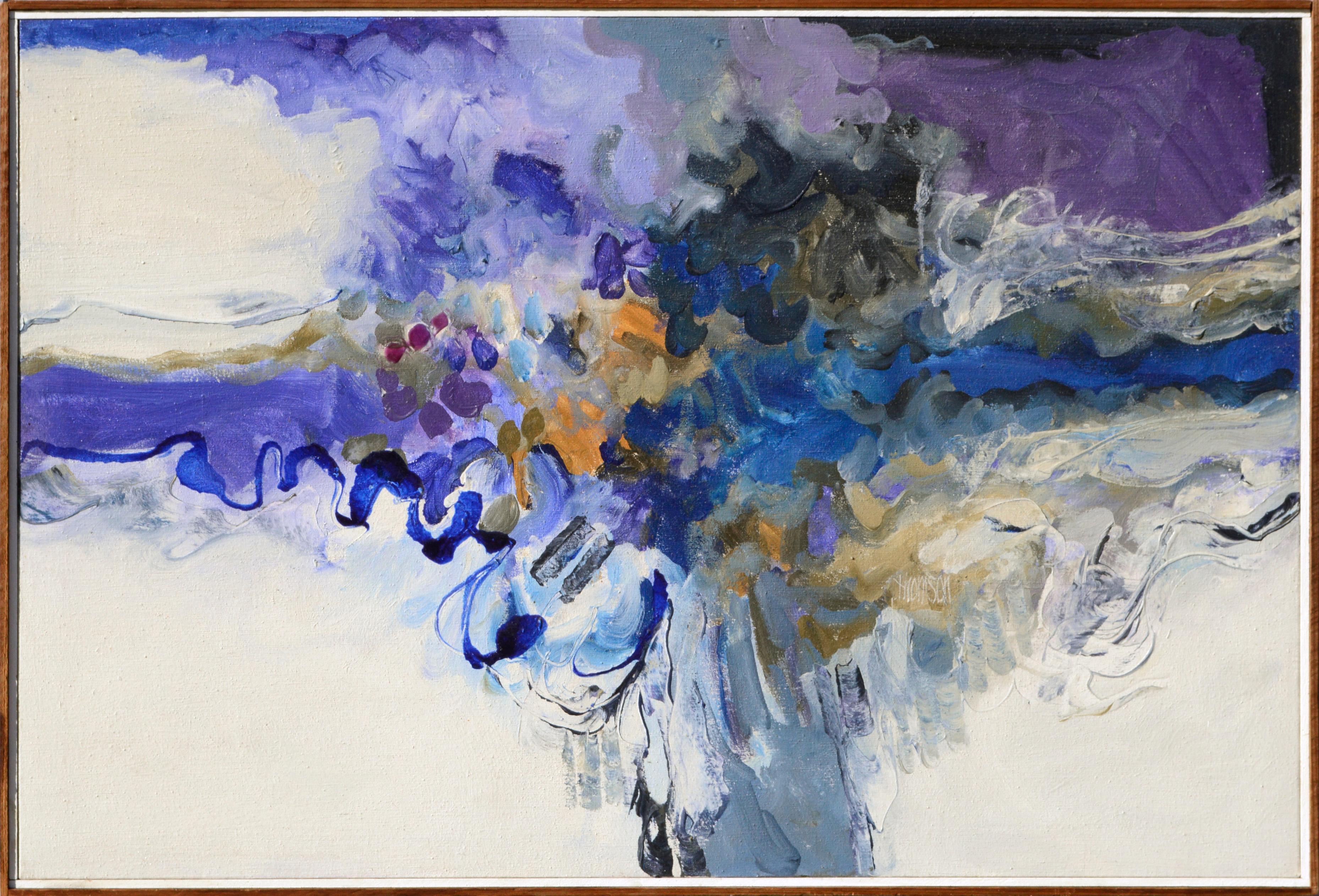 John O. Thomson Abstract Painting - "Lata-To-Do", 1970s Abstract Expressionist Composition w Purple, Blue, & Yellow 
