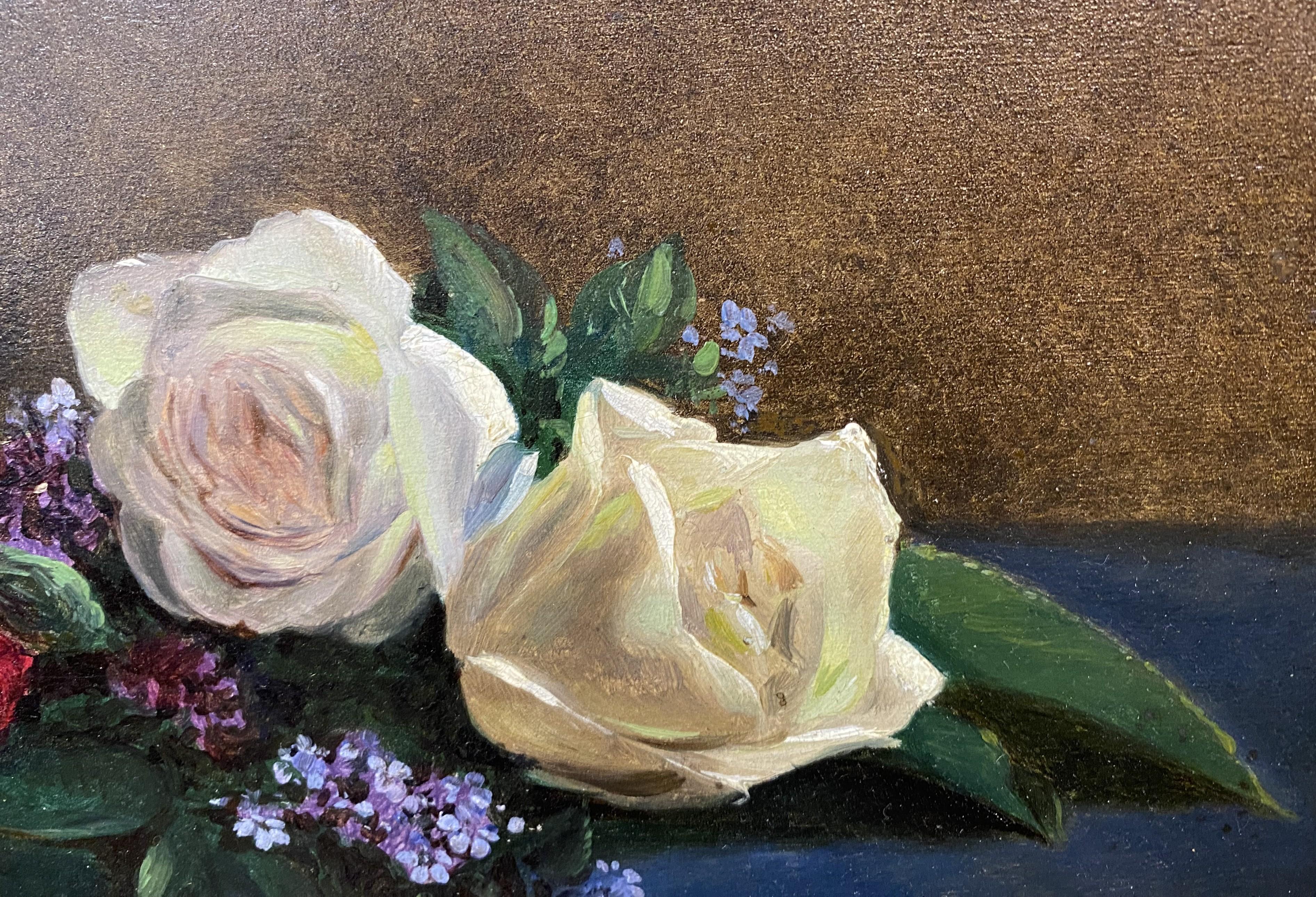 Ein wunderschönes, detailreiches Stillleben mit Rosen des amerikanischen Künstlers John O'Brien Inman (1828-1896). Inman wurde in New York City geboren und lernte bei seinem Vater Henry Inman, der Landschaften und Miniaturen, aber auch Porträts und