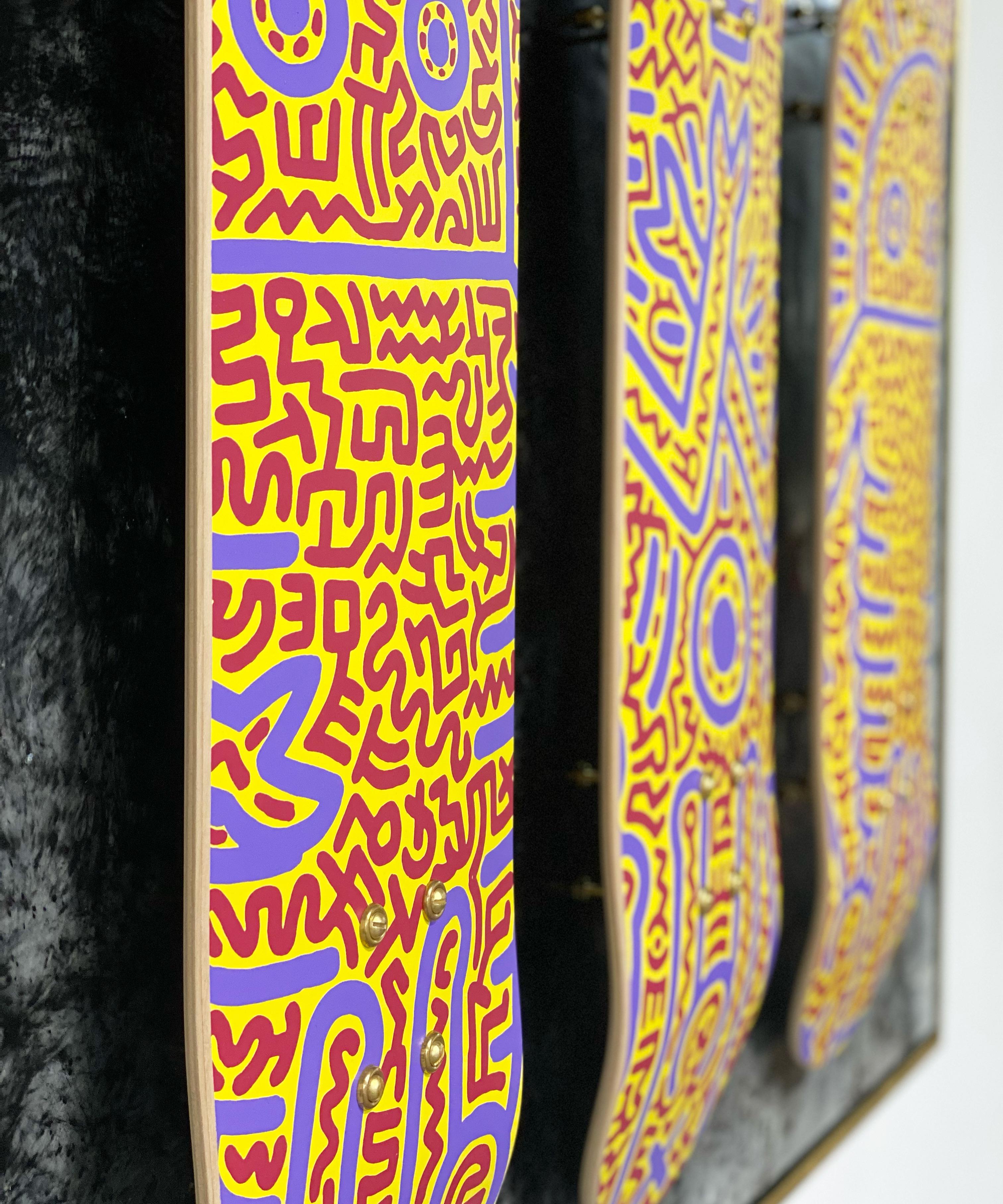 The Deck series. Screen-printed maple skate decks. Float-mounted on encaustic painted boards.This open edition set of 3 skate decks features Keith Haring's Untitled 1984 and was designed in 2019 by The Skateroom with the Keith Haring
