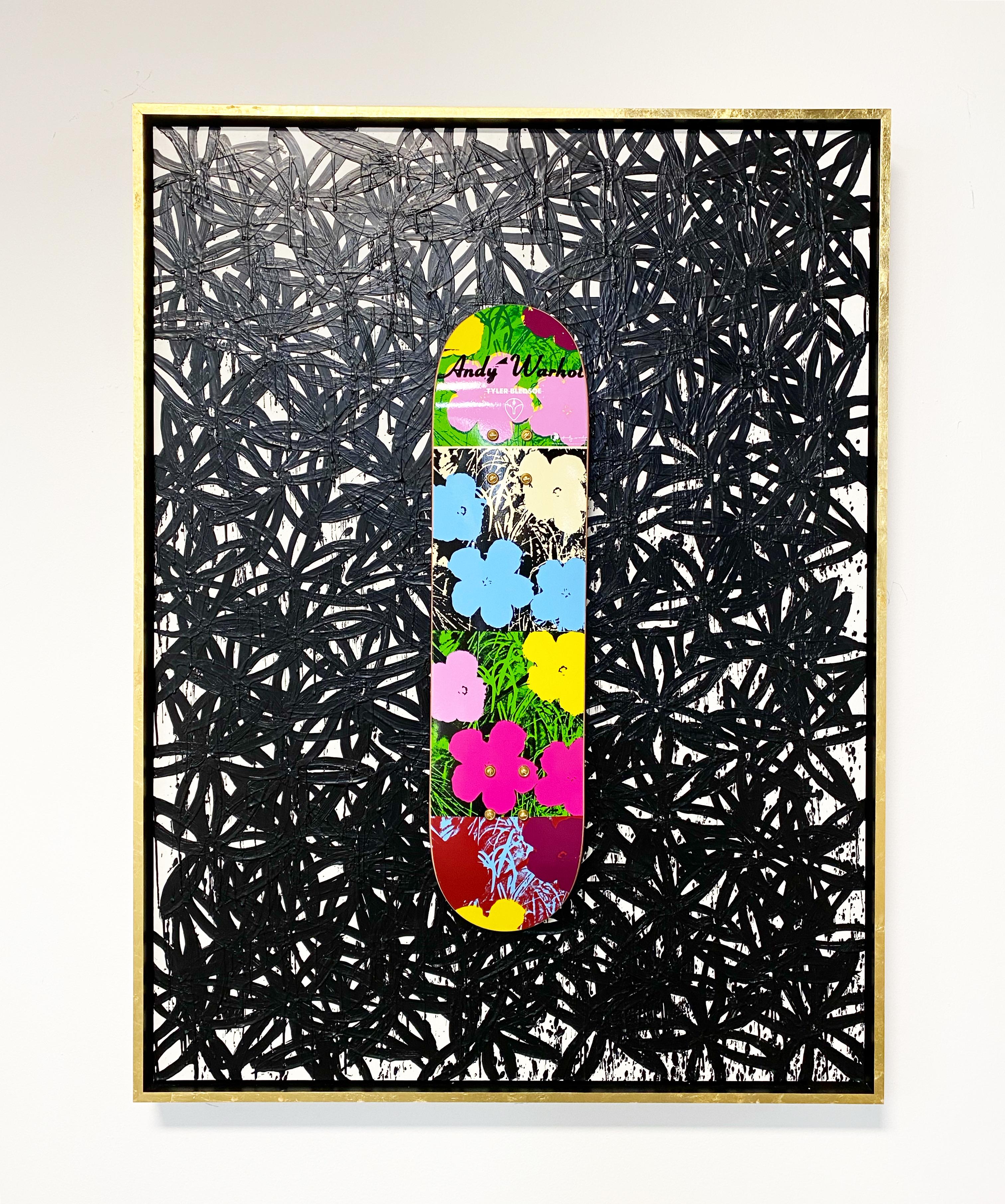 The Deck series. Screen-printed maple skate deck float-mounted on encaustic painted board.This rare, out of print skate deck was designed in 2010 by Alien Workshop and the Andy Warhol Foundation.

Framed in maple float frame with 24 K gold leaf