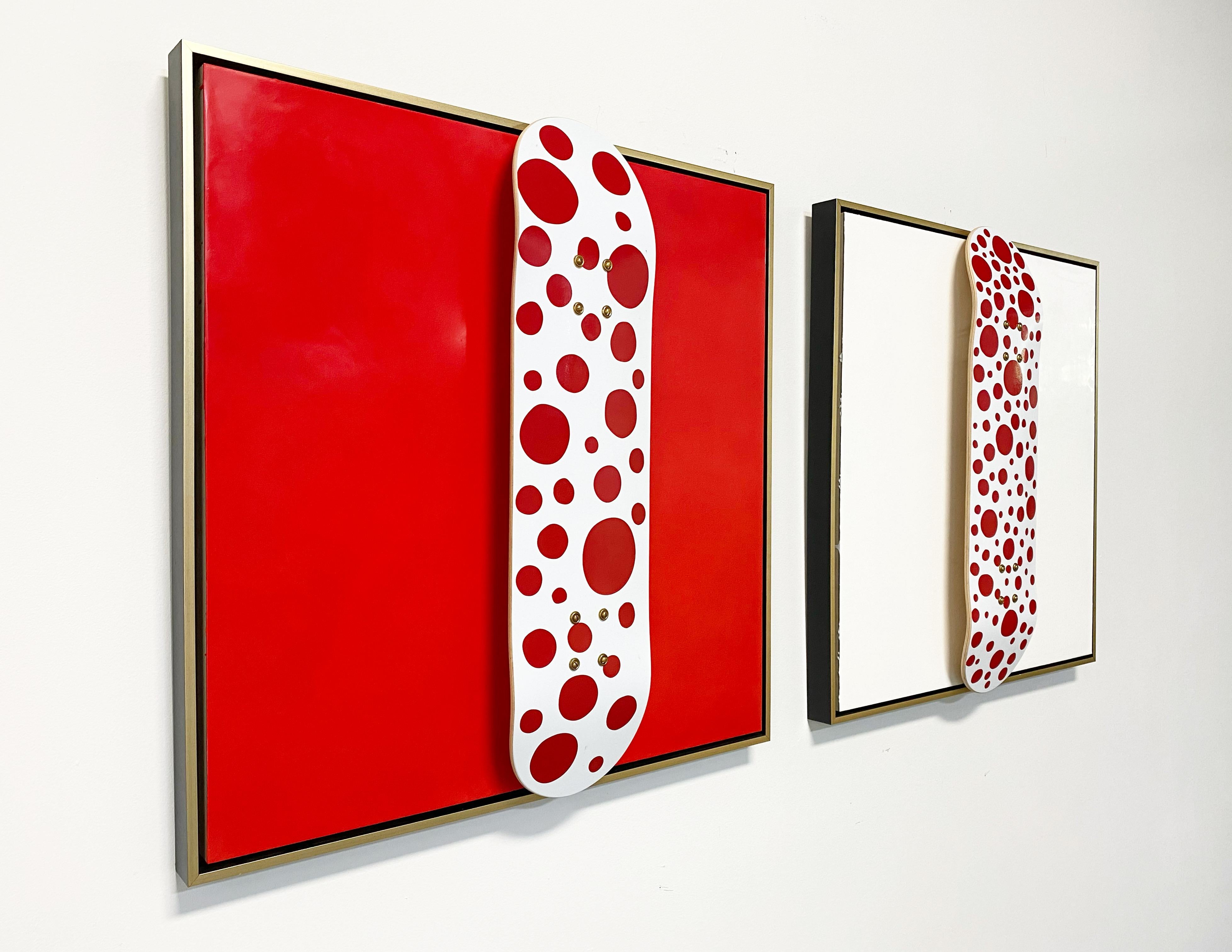 The Deck series. Screen-printed maple skate deck float-mounted on encaustic painted board.These Canadian maple wood skateboards feature DOTS OBSESSION (2018), by Yayoi Kusama.

Art dimensions: 30 x 30 H inches each
Framed dimensions: 31.5 W x