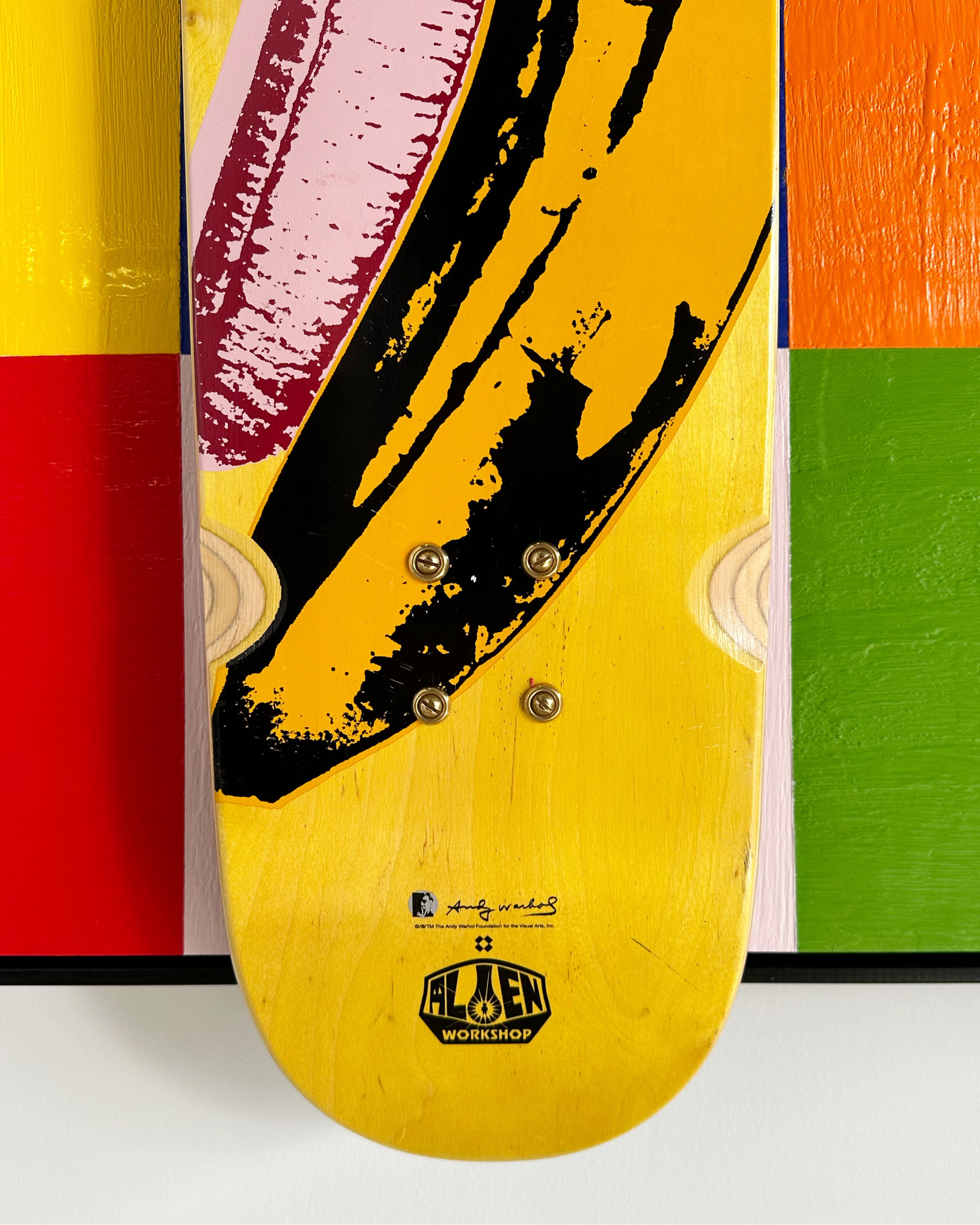 In Deck series. Encaustic and Andy Warhol Foundation x Alien Workshop Skate Deck float-mounted on board.

Art Dimensions: 30 x 30 H inches and Framed Dimensions: 31 W x 31 H inches. 

About the Deck | Rare, Out of Print Andy Warhol Banana Skate