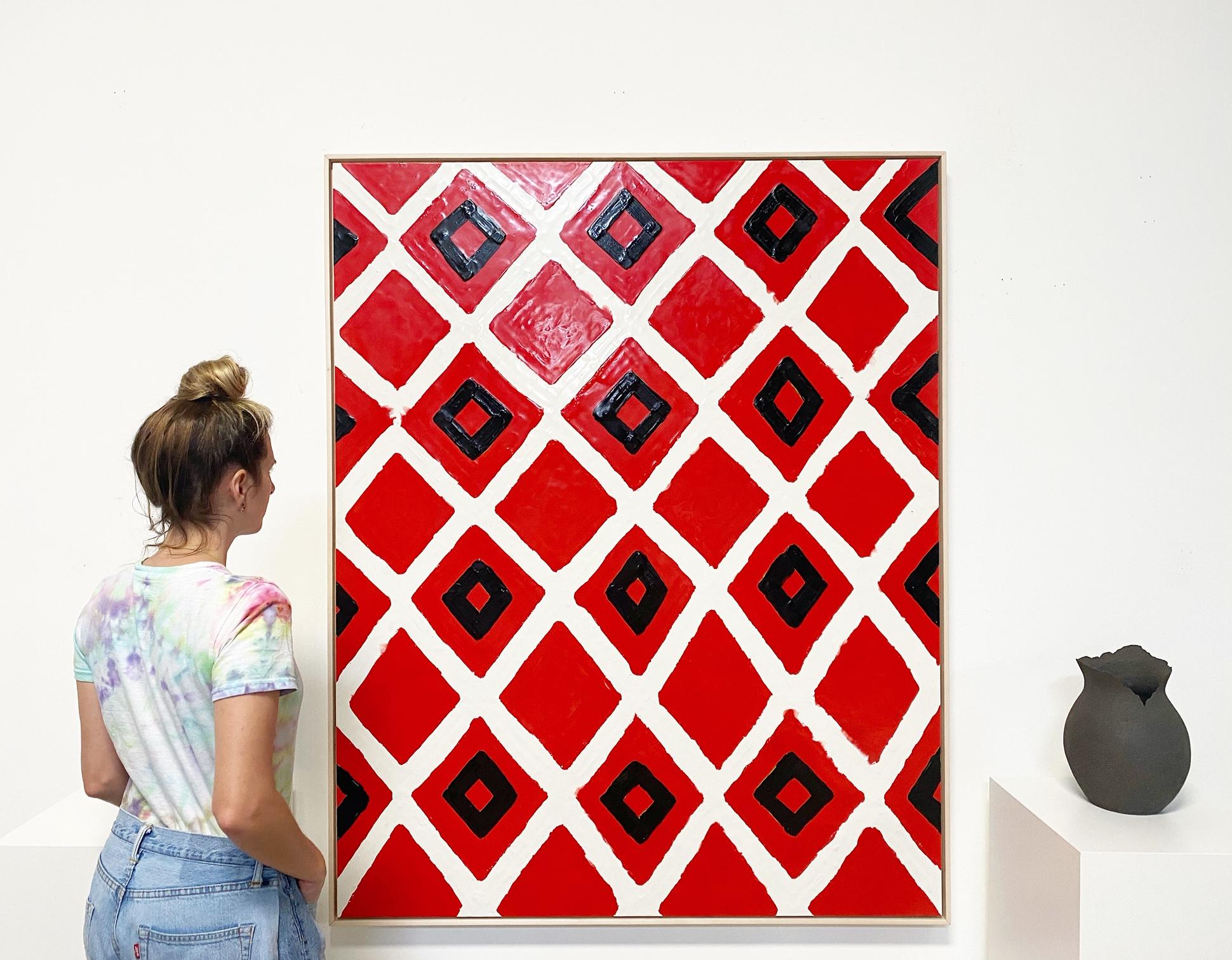 In Four Corners series. O'Hara's Four Corners series is inspired by the art, geometry, color, and craftsmanship of Navajo rugs and weavings.

Looks beautiful hanging next to Four Corners 1. See image.

Art dimensions: 48 x 60 inches
Framed