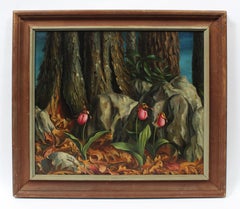 Antique American Regionalist Forest Flower Landscape Modern Signed Oil Painting