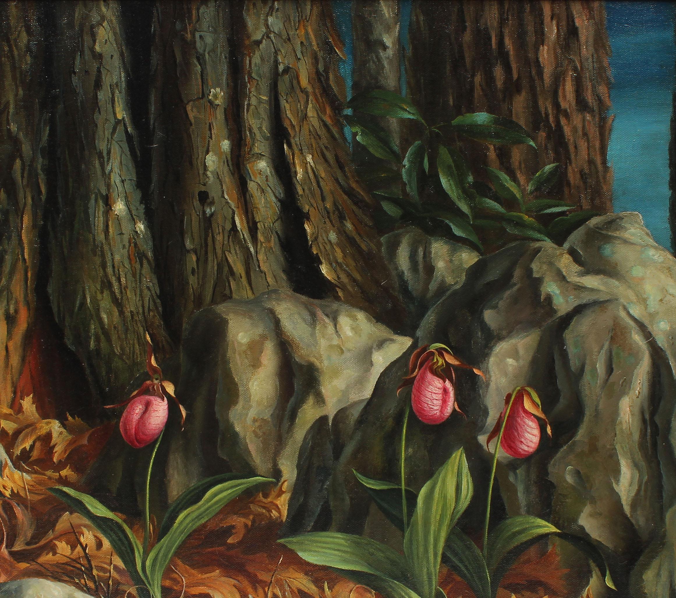 Antique American Regionalist Forest Flower Landscape Modern Signed Oil Painting - Black Landscape Painting by John Oliver Sharp