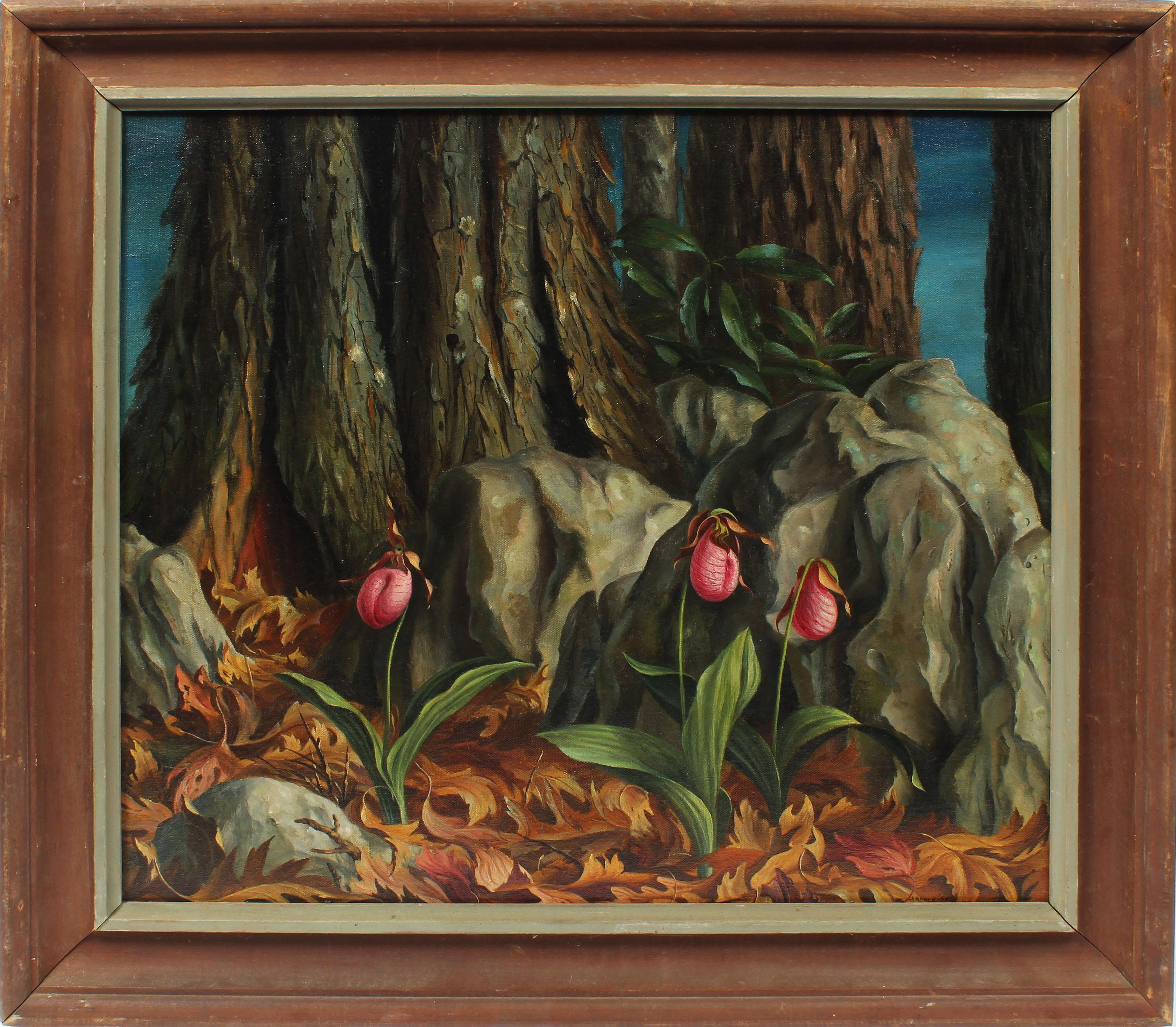 John Oliver Sharp Landscape Painting - Antique American Regionalist Forest Flower Landscape Modern Signed Oil Painting