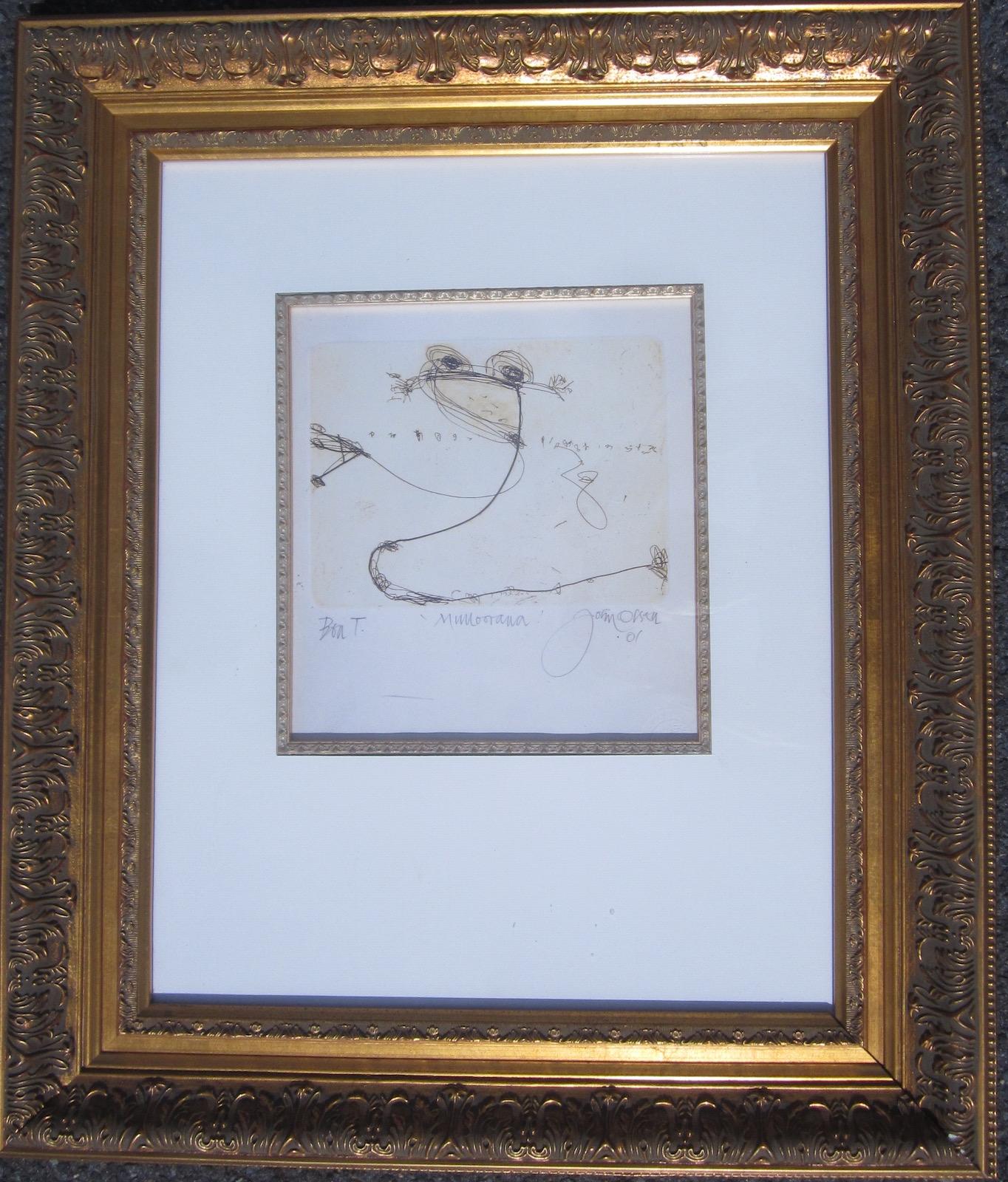 John Olsen (1928 -), etching, signed and dated '01 bottom right,
Measure: image 23 x 25cm,
frame 57 x 69cm.
John Olsen is one of Australia’s greatest living artists. Born in Newcastle NSW in 1928, Olsen is well known for his energetic and