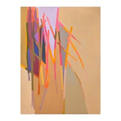 „Cumana“ Buntes geometrisches abstraktes Gemälde im kubistischen Stil in Hellbraun, Orange, Rosa und Lila