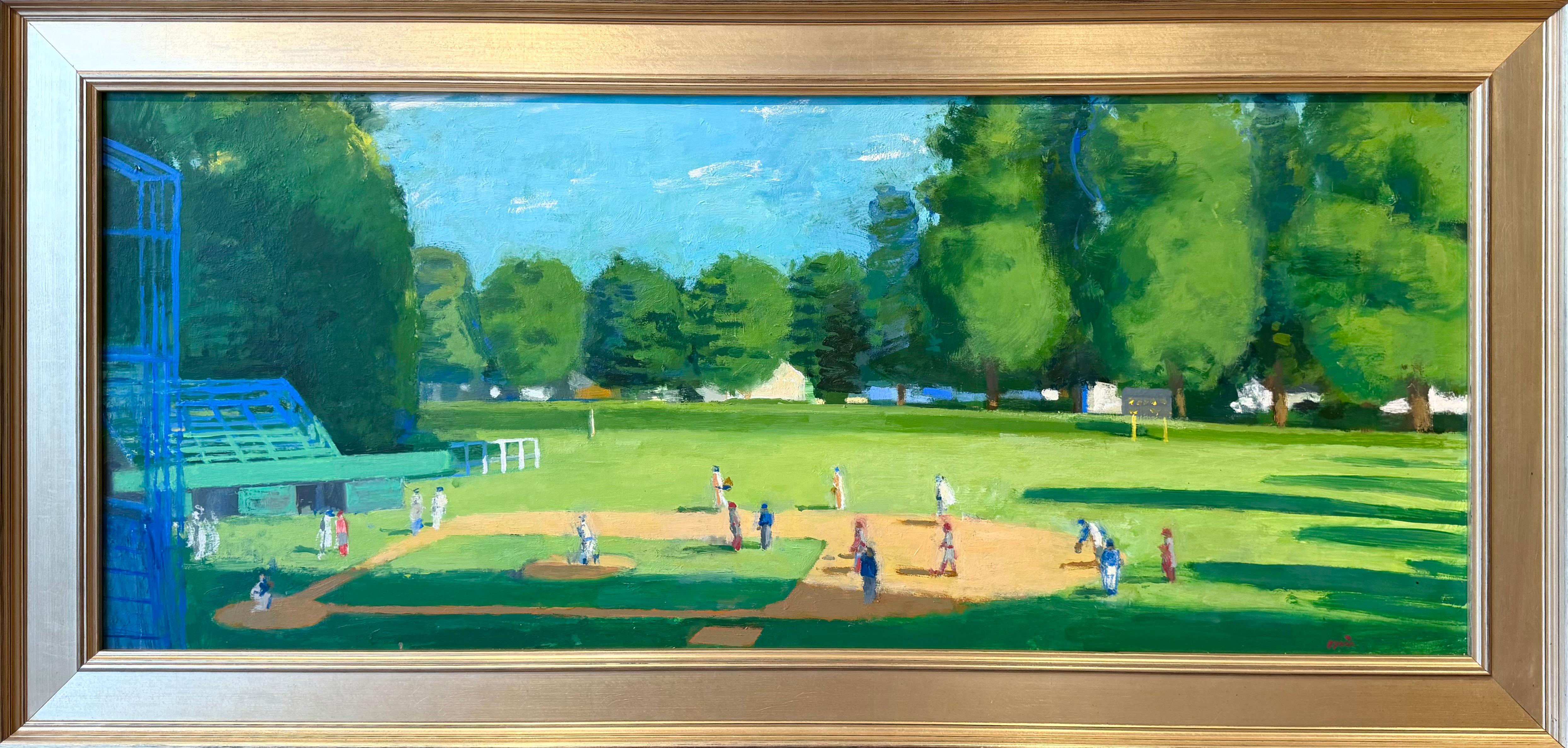 Before the Baseball Game, Contemporary Oil on Panel Landscape, Framed