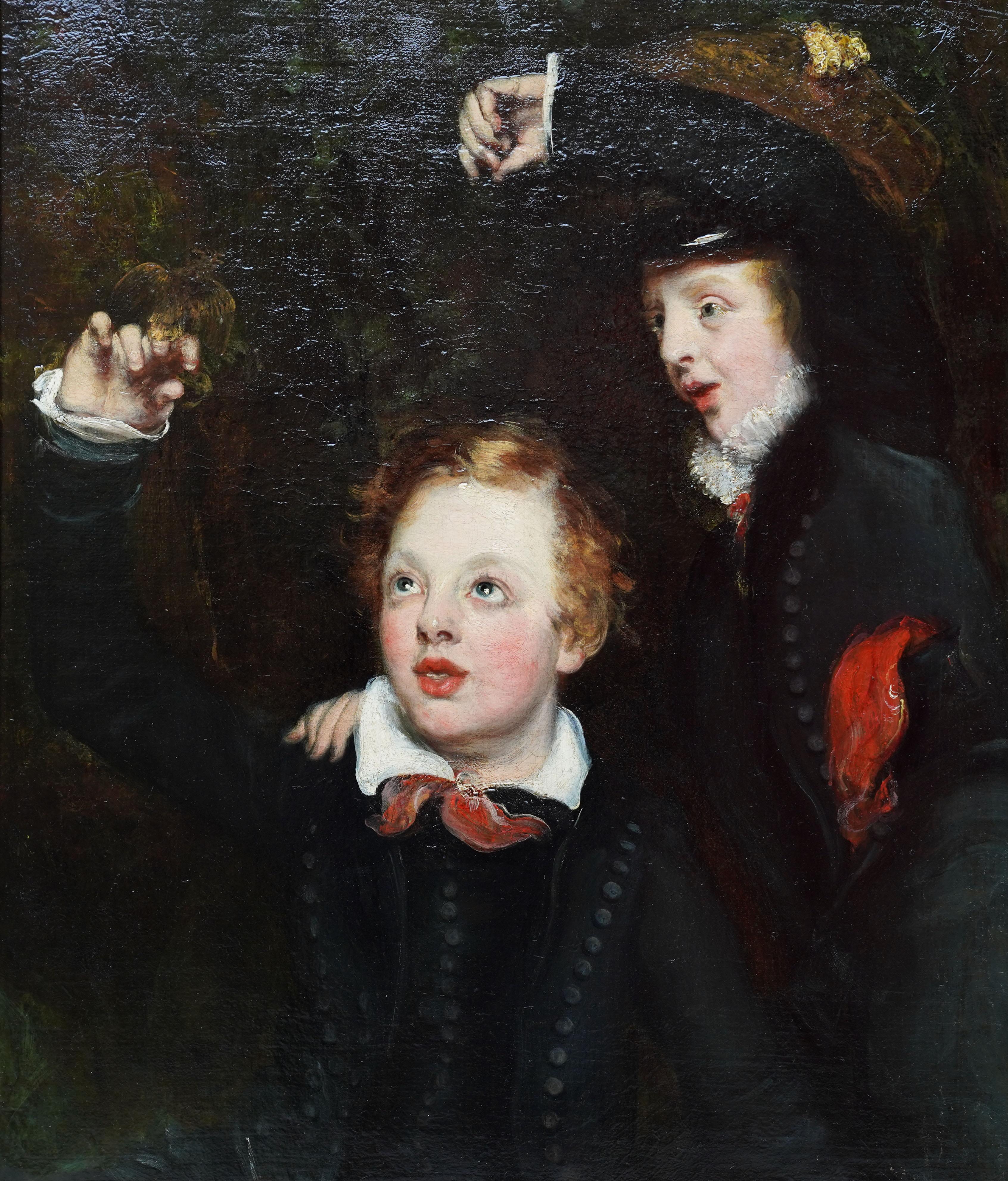 Portrait of Two Boys with a Bird - British 18th century Old Master oil painting - Painting by John Opie