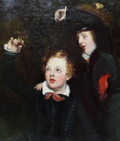 Portrait of Two Boys with a Bird - British 18th century Old Master oil painting