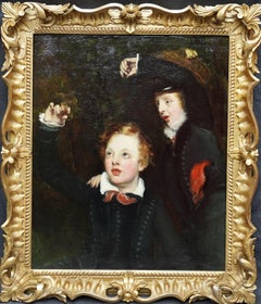 Antique Portrait of Two Boys with a Bird - British 18th century Old Master oil painting