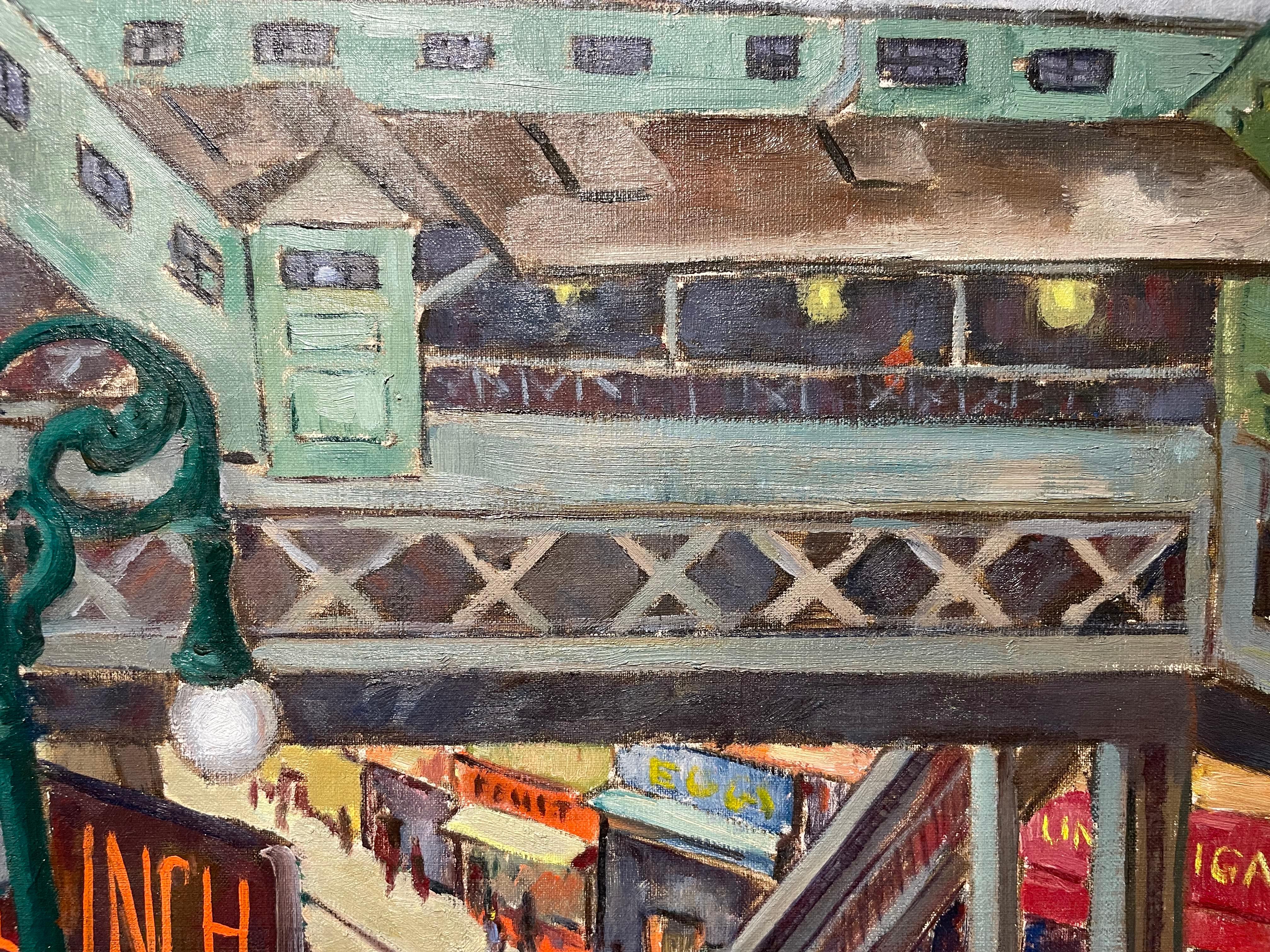 Ninth Avenue El (New York City), peinture à l'huile de paysage urbain du milieu du 20e siècle en vente 5