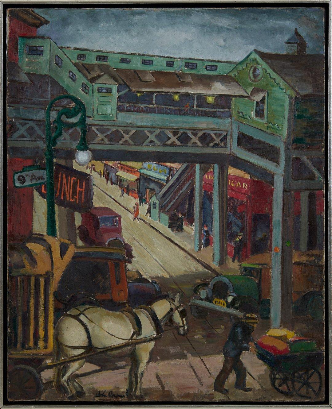 Ninth Avenue El (Ciudad de Nueva York), Paisaje urbano de mediados del siglo XX Pintura al óleo - Painting de John Opper
