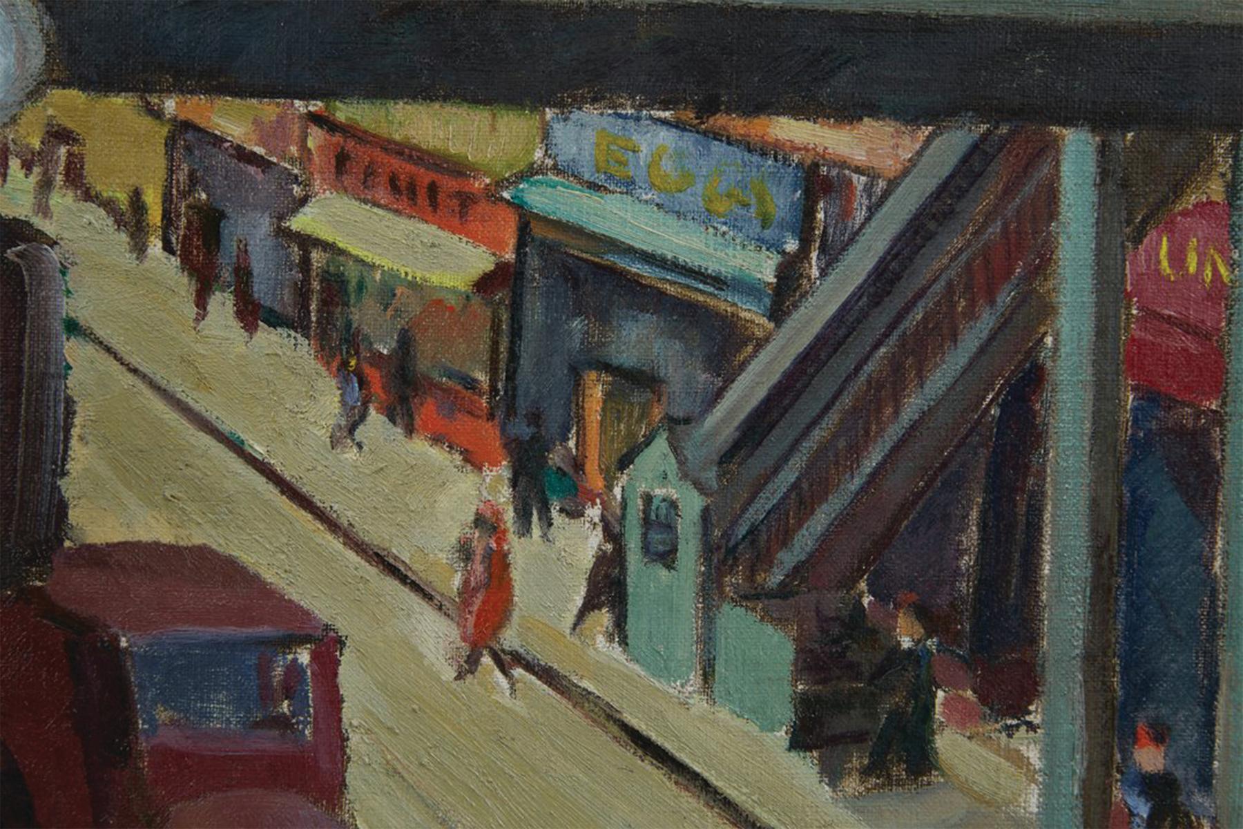 Ninth Avenue El (Ciudad de Nueva York), Paisaje urbano de mediados del siglo XX Pintura al óleo - Painting moderno estadounidense de John Opper