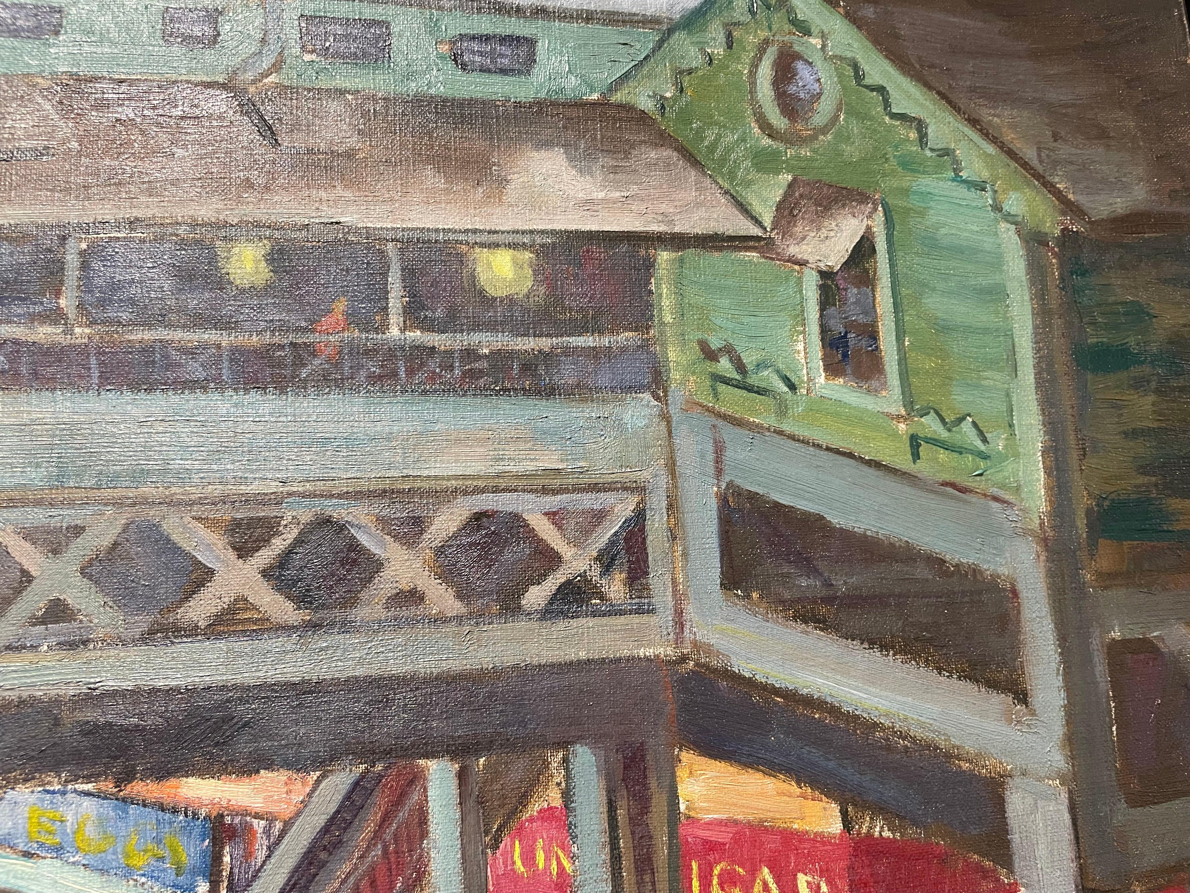 Ninth Avenue El (New York City), peinture à l'huile de paysage urbain du milieu du 20e siècle en vente 2