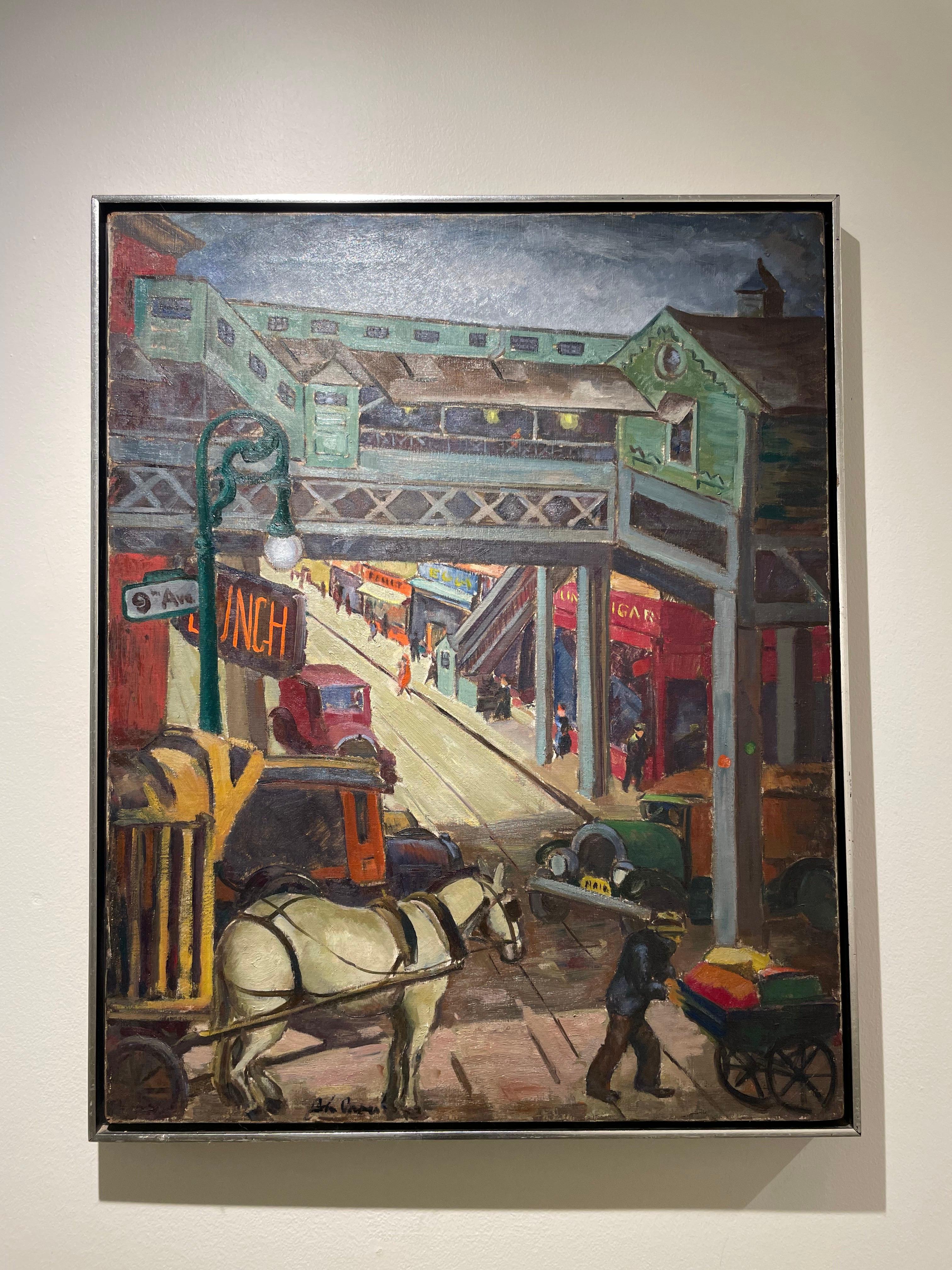 Ninth Avenue El (New York City), peinture à l'huile de paysage urbain du milieu du 20e siècle en vente 3