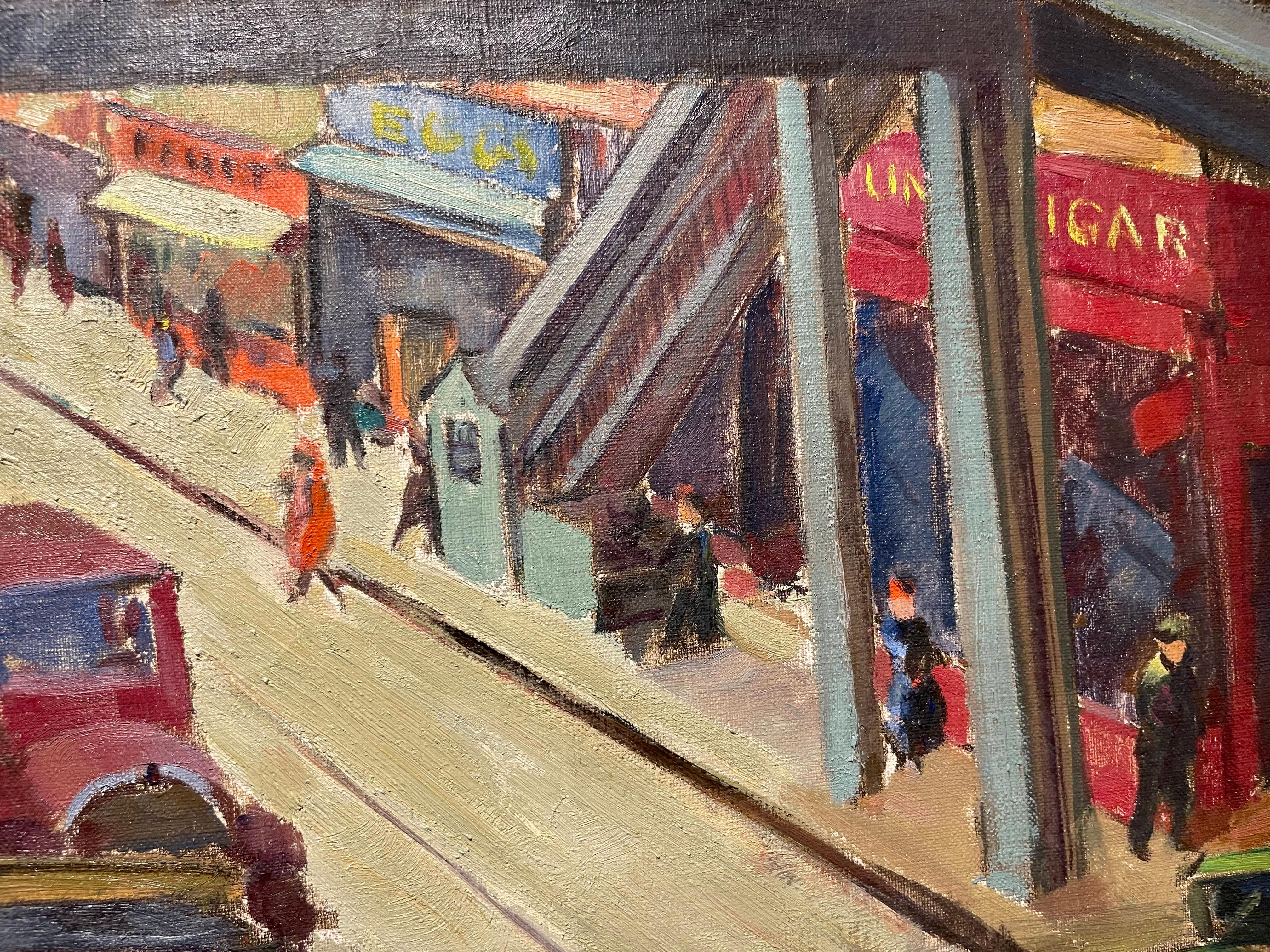 Ninth Avenue El (New York City), peinture à l'huile de paysage urbain du milieu du 20e siècle en vente 4