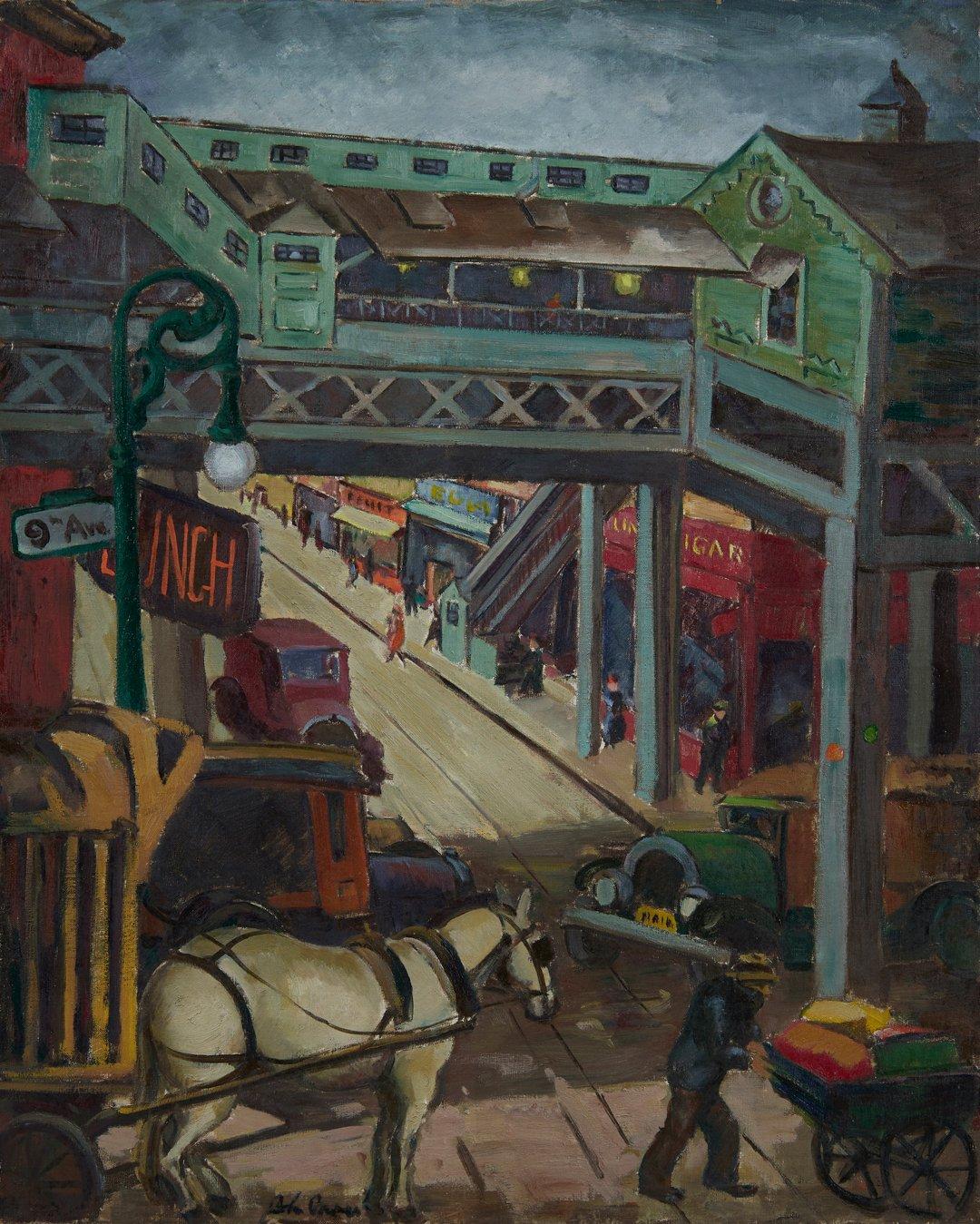 Figurative Painting de John Opper - Ninth Avenue El (Ciudad de Nueva York), Paisaje urbano de mediados del siglo XX Pintura al óleo