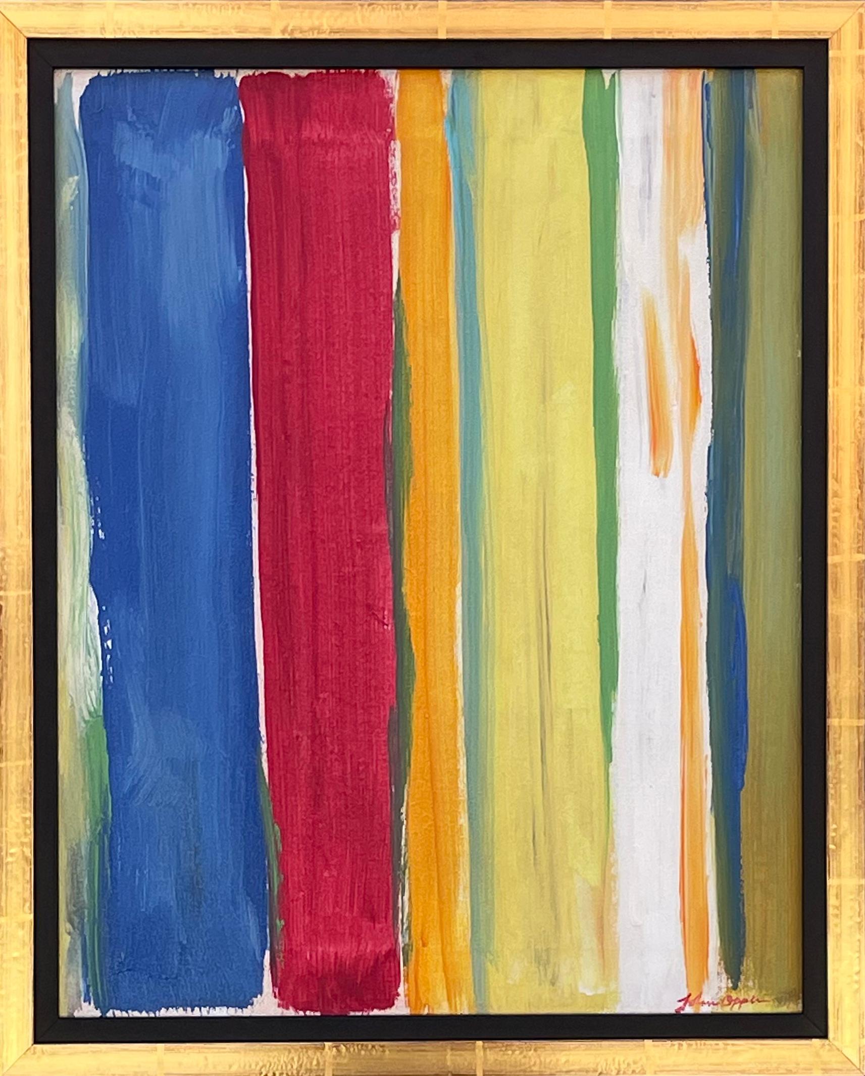 John Opper Interior Painting - Untitled abstract blue, red & yellow oil painting, New York artist