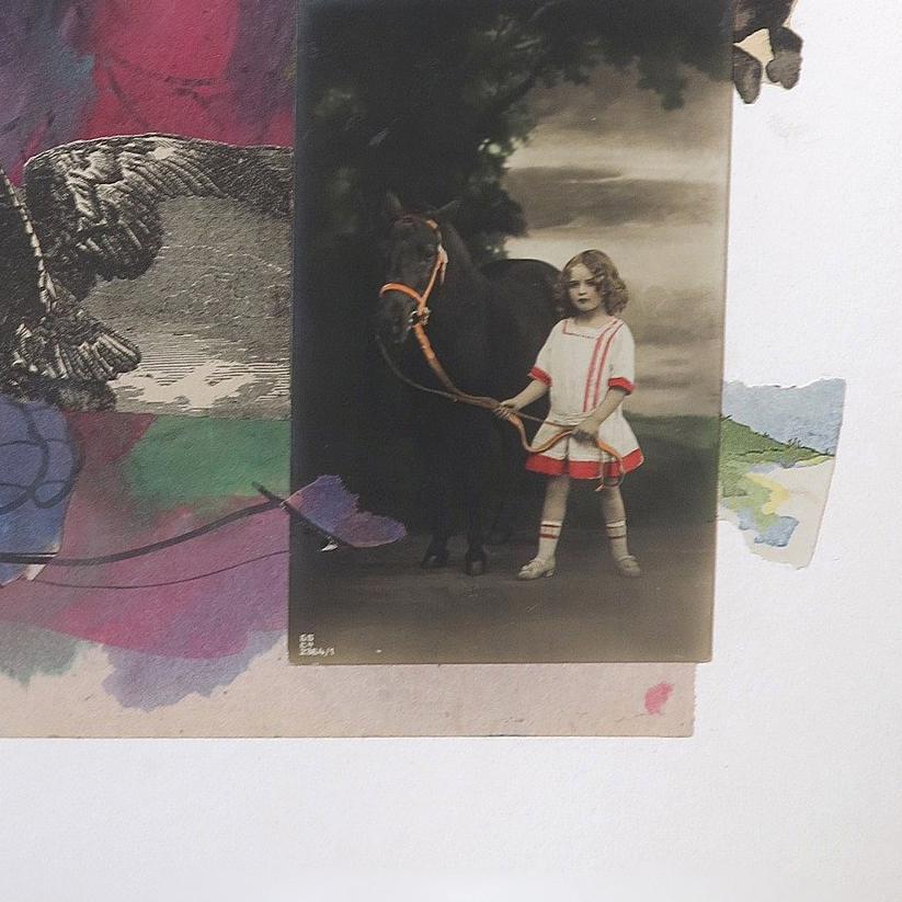 media: found paper objects, some purposefully non-archival, including book pages and coloring book pages

In this work, O’Reilly combines a black and white image of a mountain peak, a vintage photo of a young girl and a horse, a coloring book