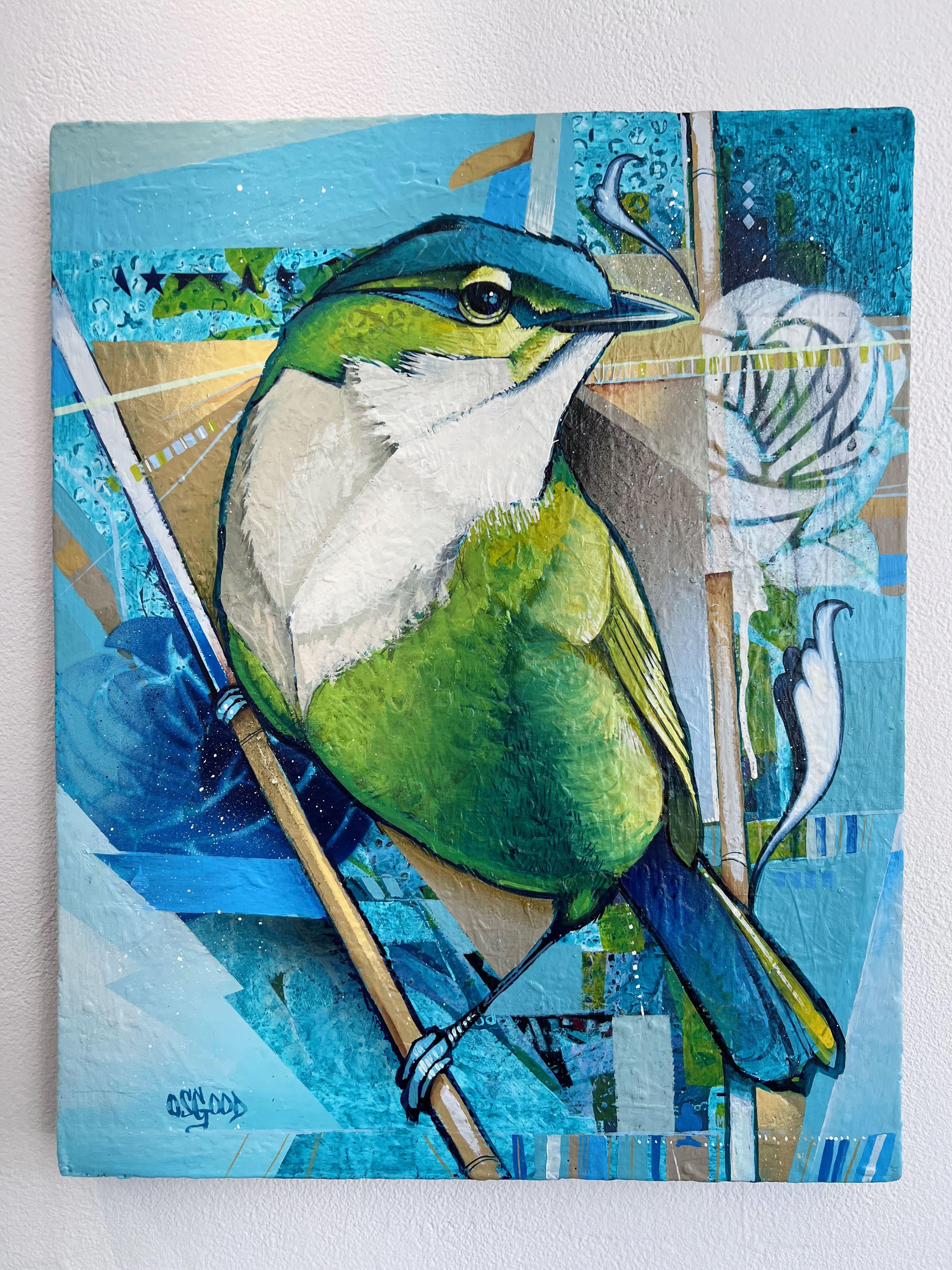 'Directional Intent' is an original bird painting by contemporary urban artist John Osgood. The artwork combines a mixture of acrylic paints, aerosol, and oil on a canvas. It measures 20 x 16 inches and is signed by the artist on the lower left.

In
