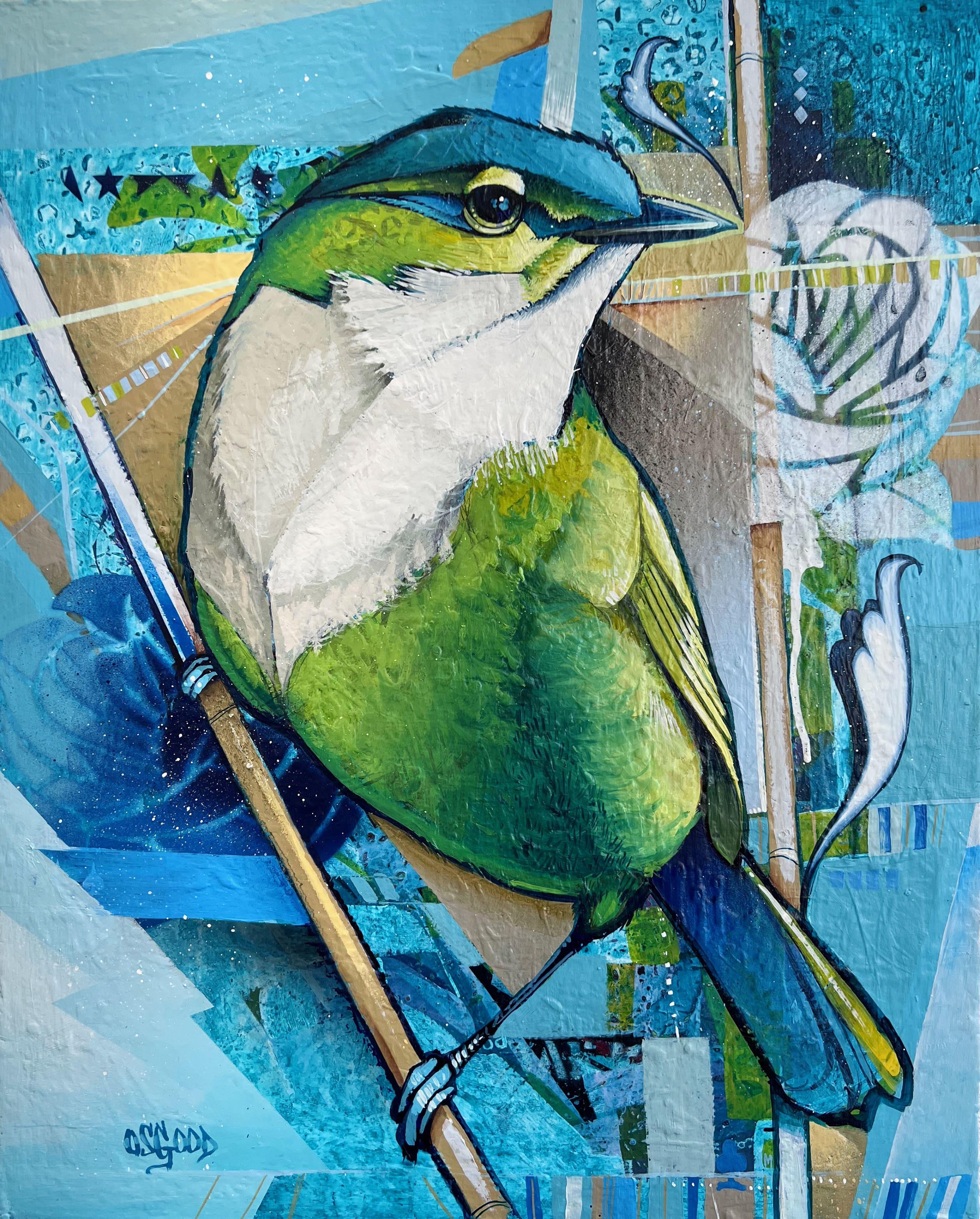John Osgood Animal Painting - Directional Intent - Contemporary Green Bird Painting