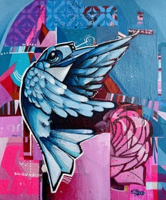How Far Do You Look? - Small Blue Bird Contemporary Painting