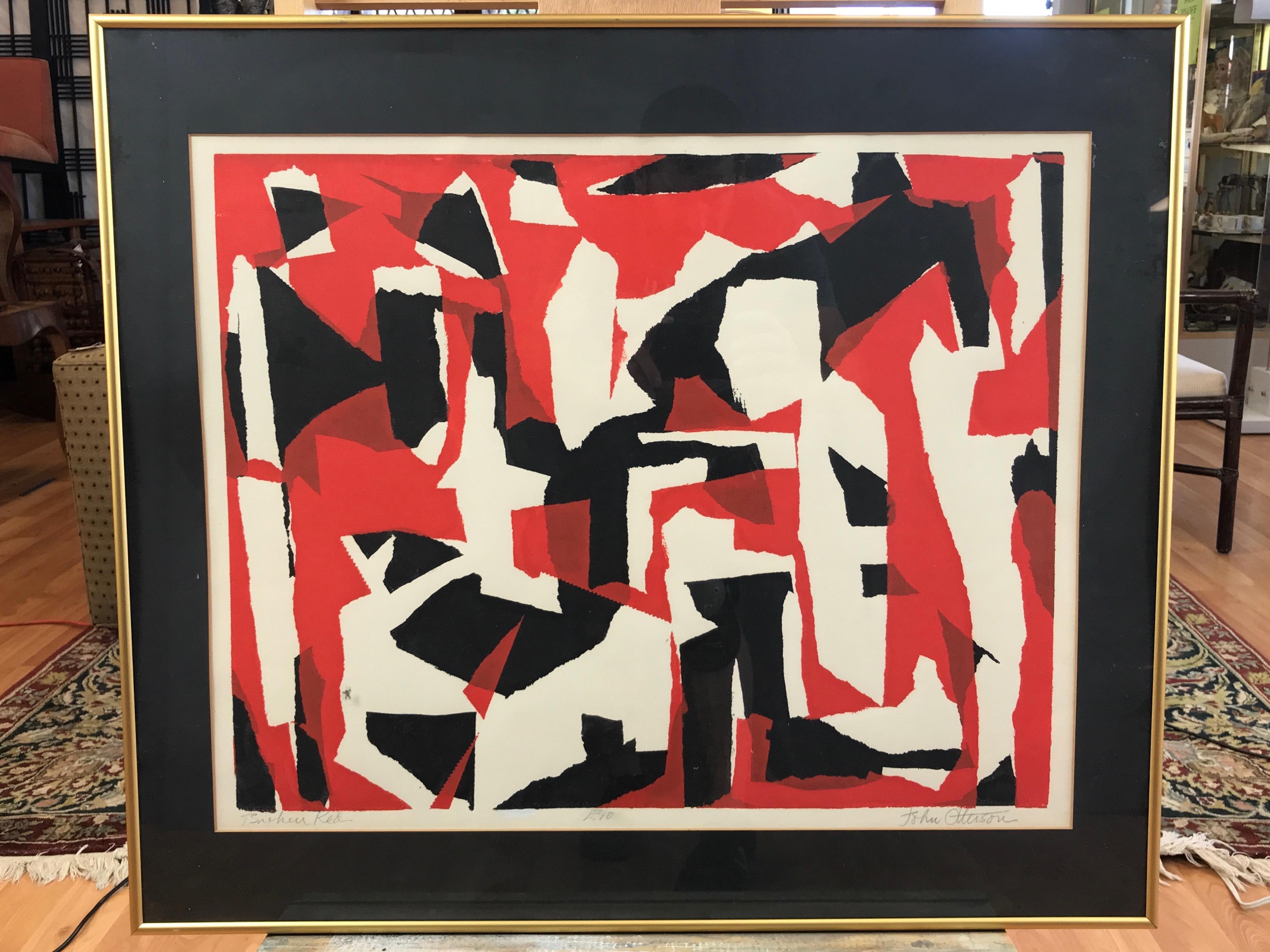 A striking and scarce midcentury framed Abstract serigraph titled “Broken Red”, by acclaimed Hollywood art director and listed artist John Otterson.

John Edward (Jack) Otterson (b. 1905–1991) was an American art director nominated for eight Academy