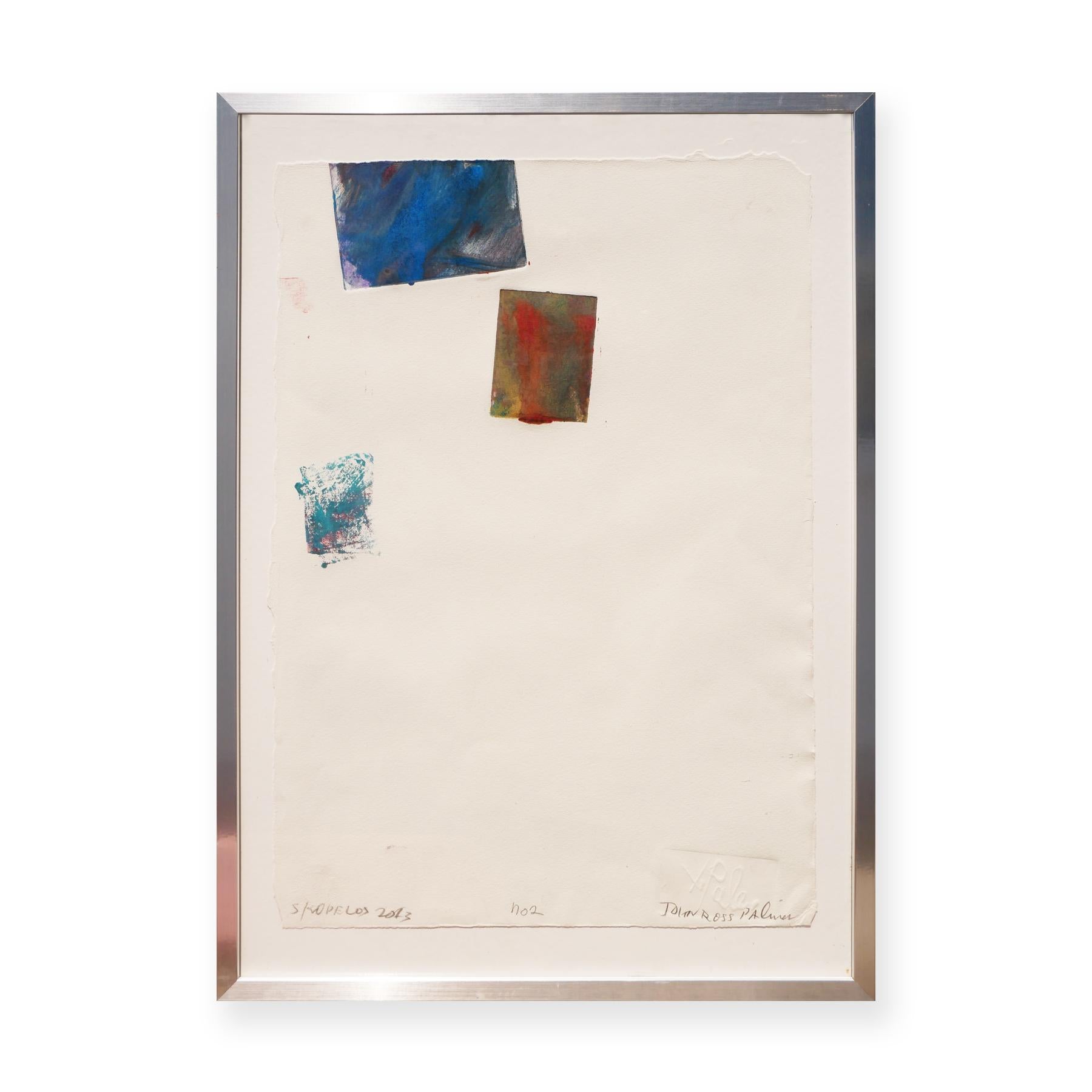 Skopolos Greece Monoprint No. 2 - Impression contemporaine abstraite orange, bleue et sarcelle - Contemporain Mixed Media Art par John Palmer