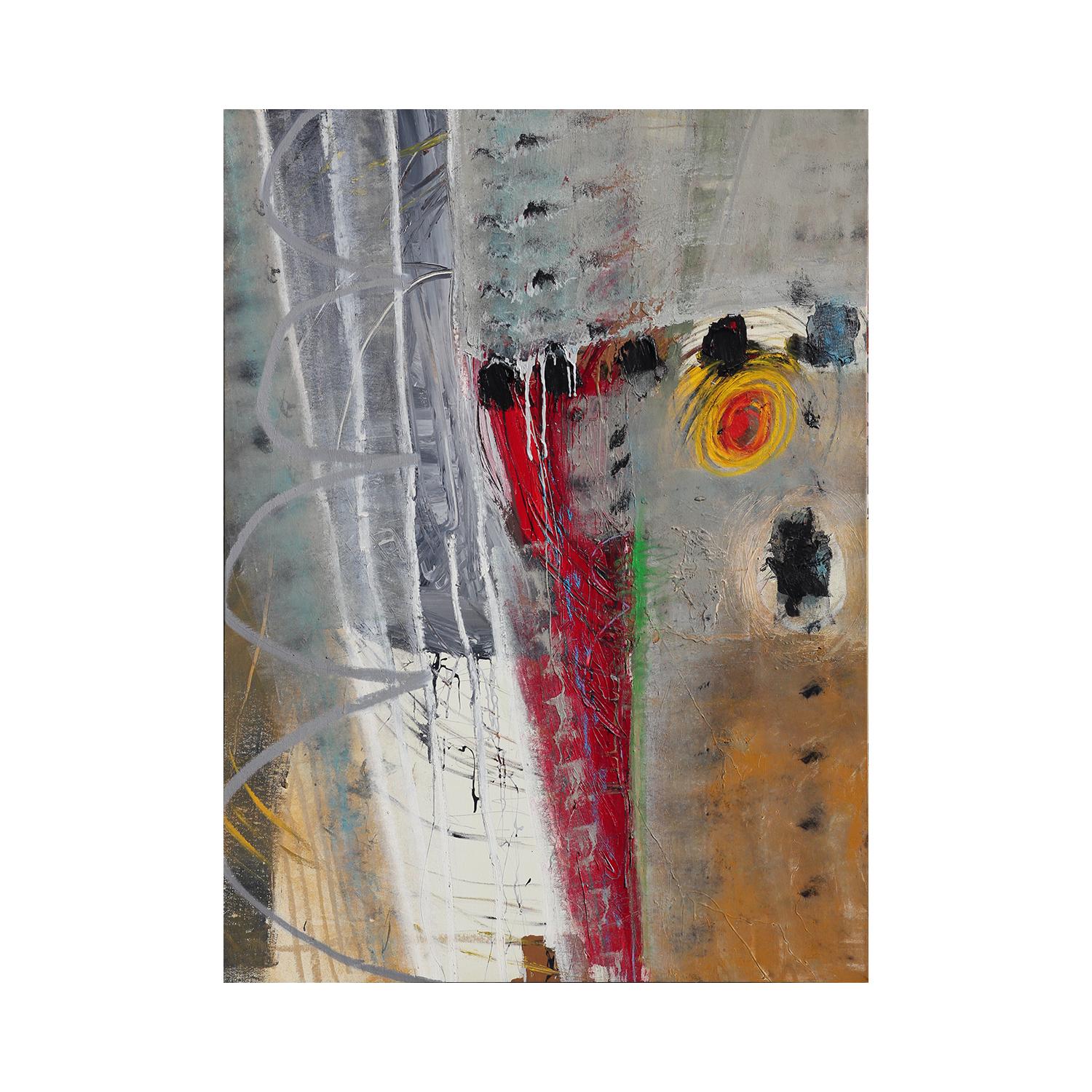 Peinture expressionniste abstraite grise, rouge, verte et jaune - Painting de John Palmer