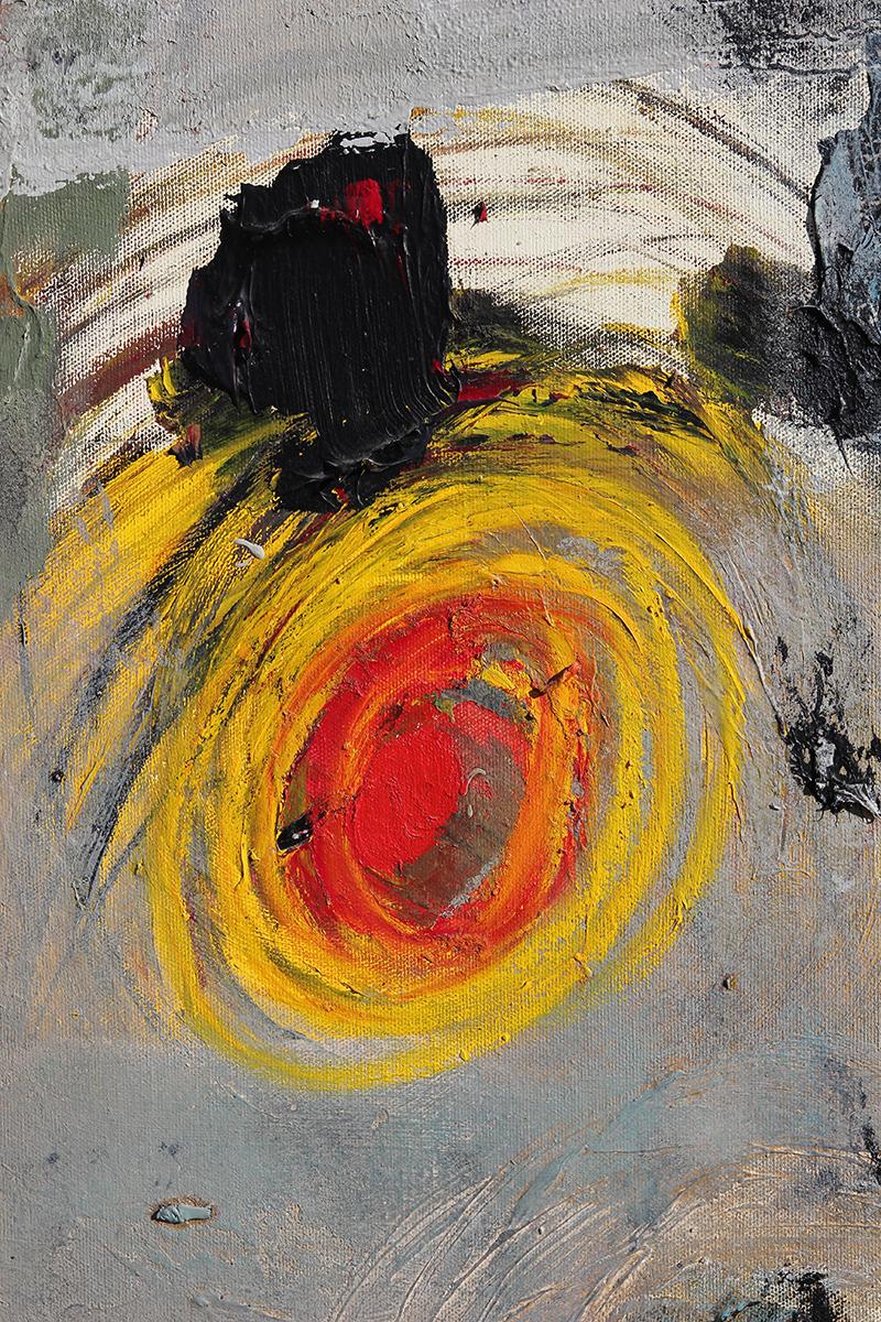 Peinture expressionniste abstraite grise, rouge, verte et jaune en vente 3