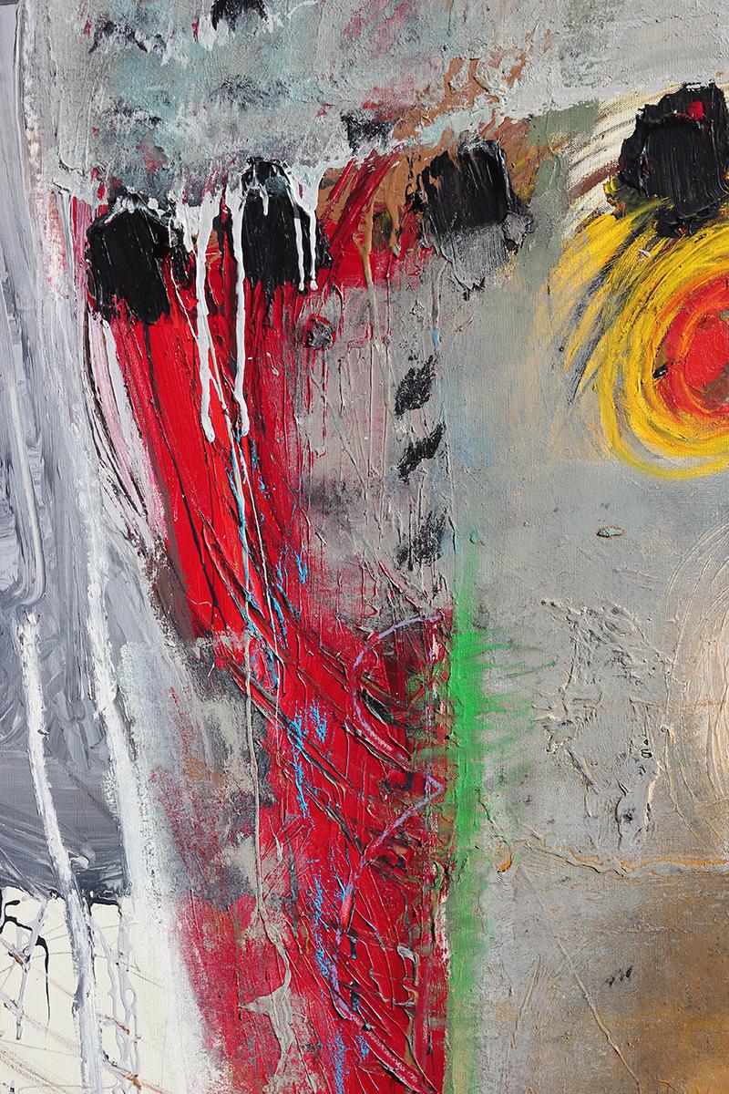 Peinture expressionniste abstraite grise, rouge, verte et jaune en vente 4