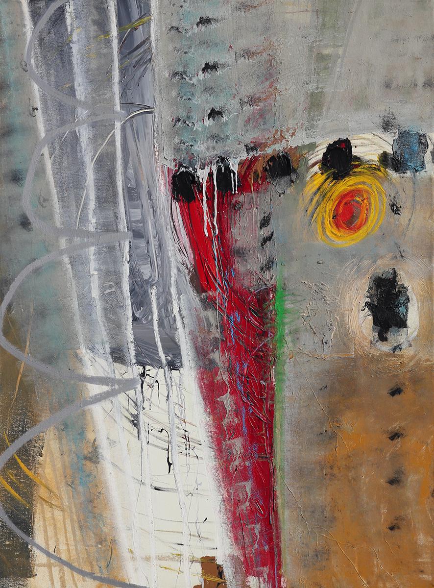 Abstract Painting John Palmer - Peinture expressionniste abstraite grise, rouge, verte et jaune
