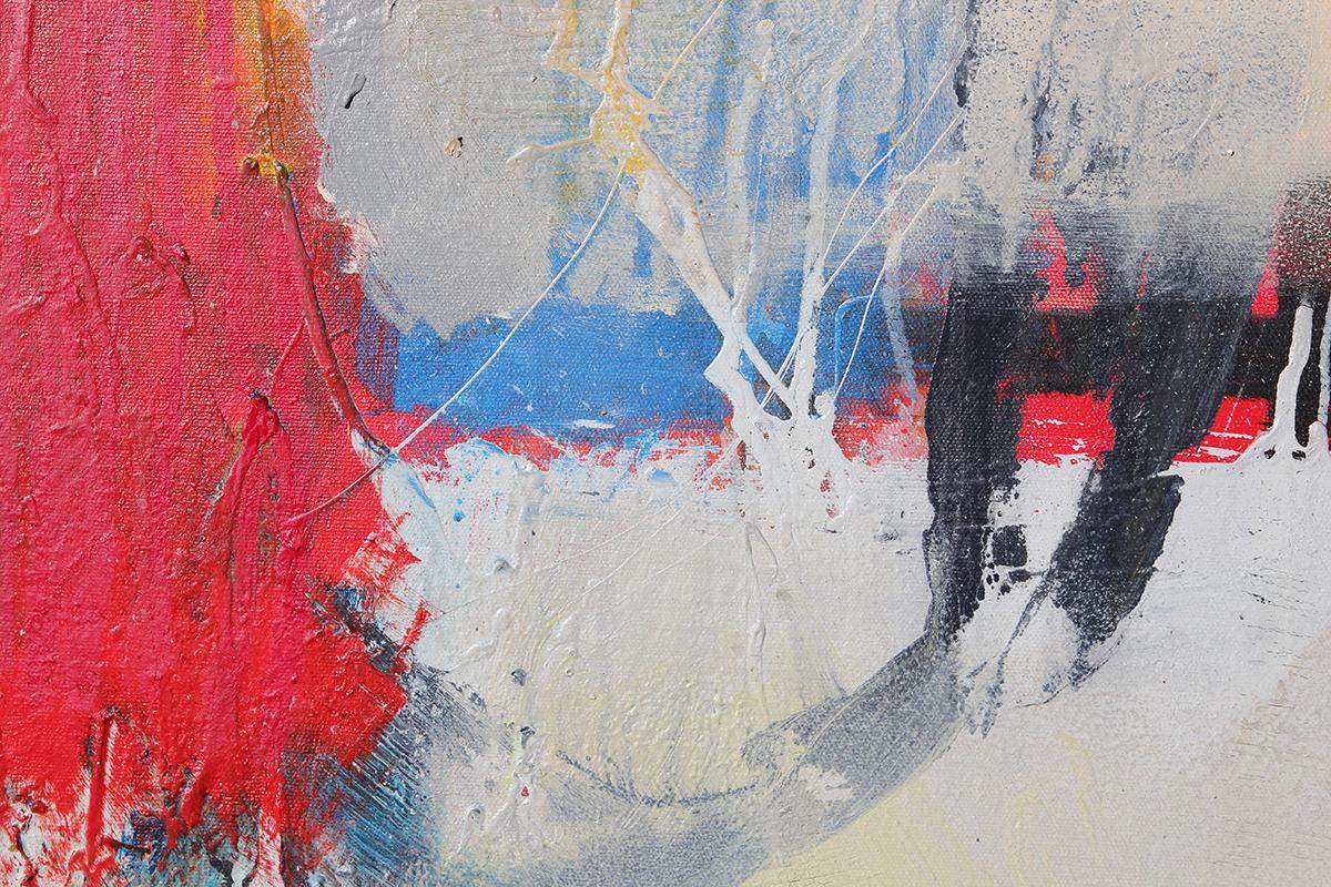 Grande peinture expressionniste abstraite grise, bleue, rouge, verte et jaune en vente 5