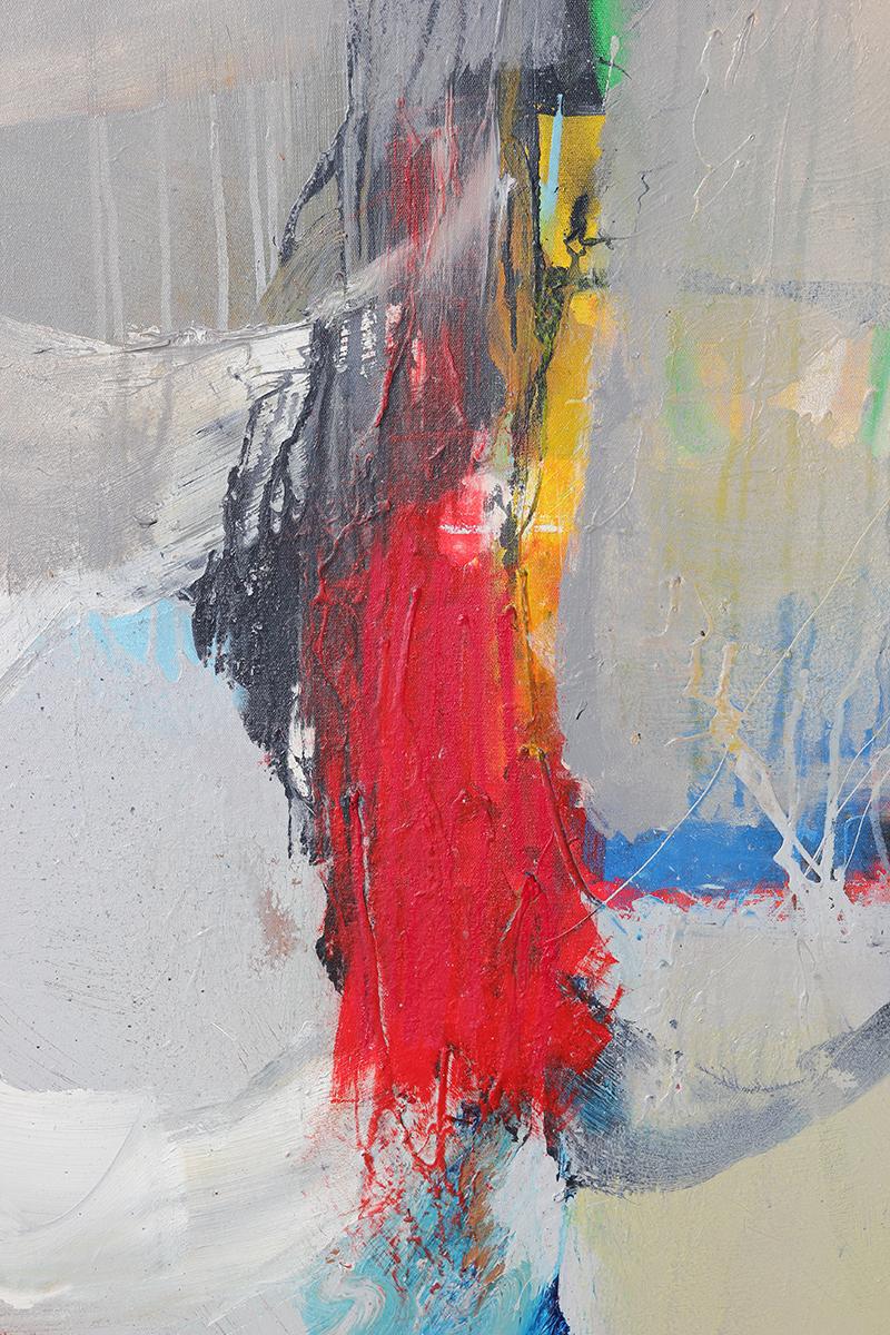 Grande peinture expressionniste abstraite grise, bleue, rouge, verte et jaune - Painting de John Palmer