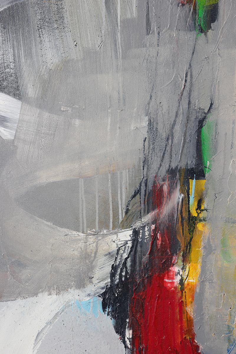 Grande peinture expressionniste abstraite grise, bleue, rouge, verte et jaune - Expressionnisme abstrait Painting par John Palmer
