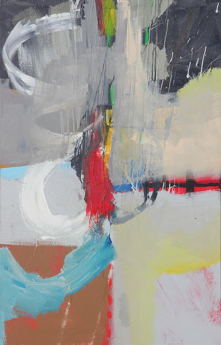 Abstract Painting John Palmer - Grande peinture expressionniste abstraite grise, bleue, rouge, verte et jaune