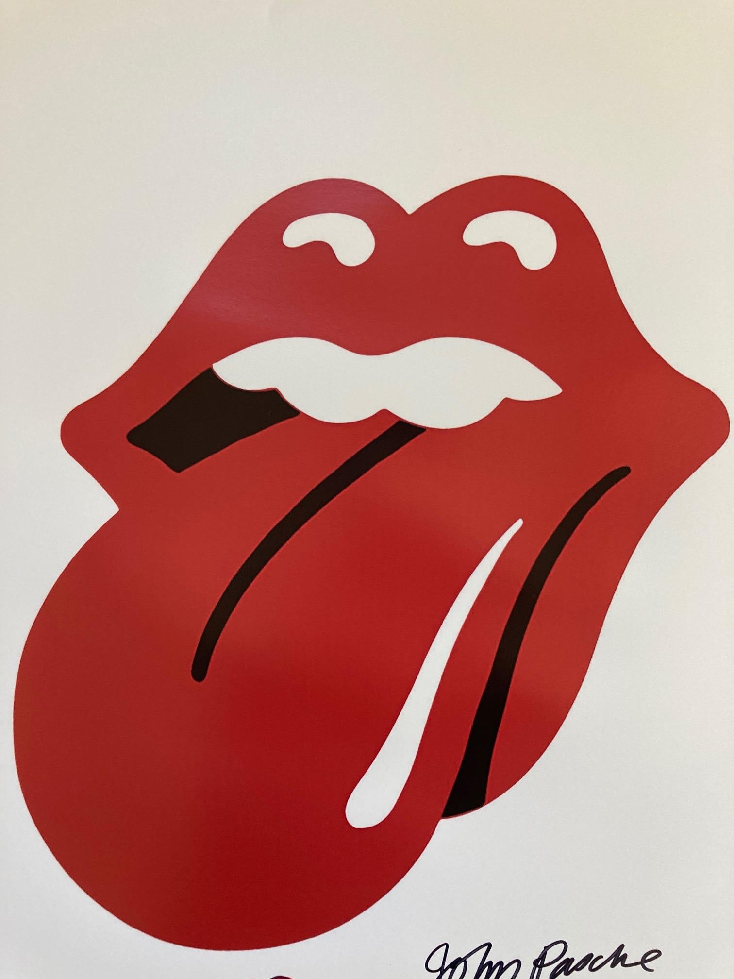 John Pasche (b. 1945)
The Rolling Stones Tongue and Lips, circa 1970
Screenprint in colors on satin wove paper
Signed in ink lower right, with artist hand drawn and colored logo next to his handwritten statement 'I created + designed the Rolling