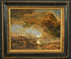 Attributed to John Paul (1804-1887) British Moonlit Coastal Scene Fishing Boats