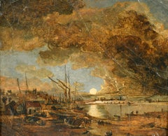 Attribu  John Paul (1804-1887) - British Moonlit Coastal Scene Fishing Boats