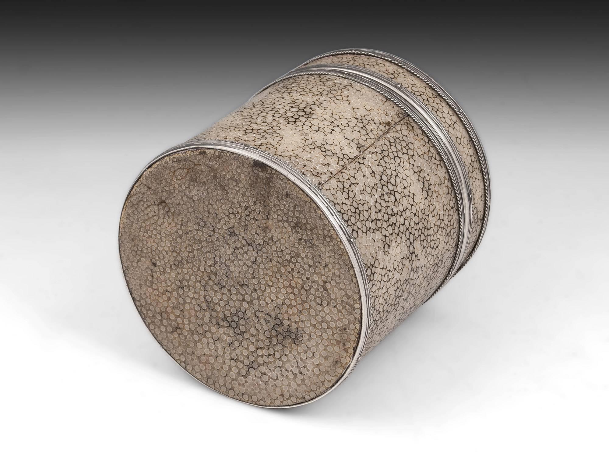 Silver John Paul Cooper Shagreen Walnut Cylindrical Box, 20th Century