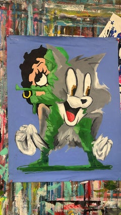 "Gatto nel cielo" Pittura a tecnica mista 39" x 31" pollici di John Paul Fauves