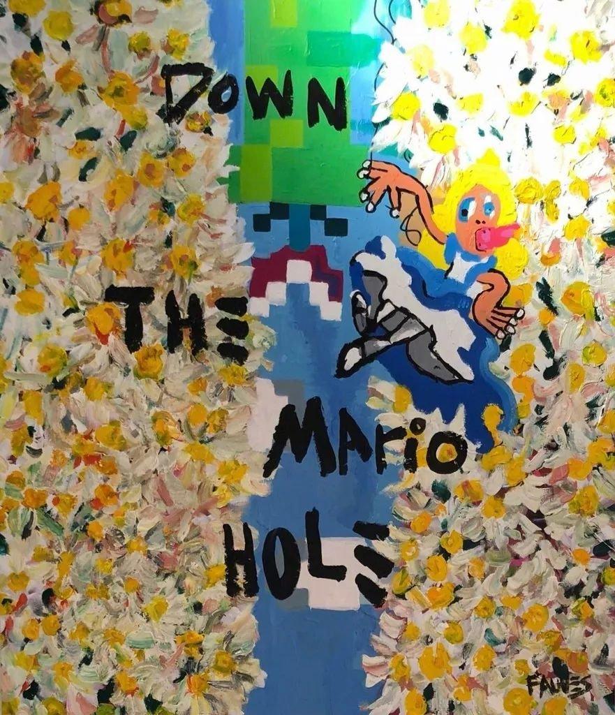 "Down The Mario Hole" Mixed media Painting 47" x 41" inch by John Paul Fauves 