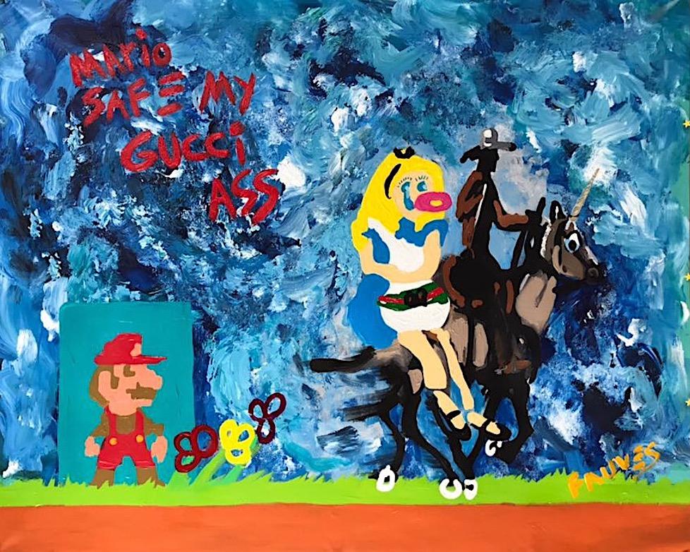 "Mario SAFE my Gucci ass" Mixed media Painting 37" x 48" in by John Paul Fauves 

2017
Technique mixte, acrylique et huile sur toile 
37" × 48" pouces 

De la série Gucci au pays des merveilles
La série Gucci au pays des merveilles se compose de